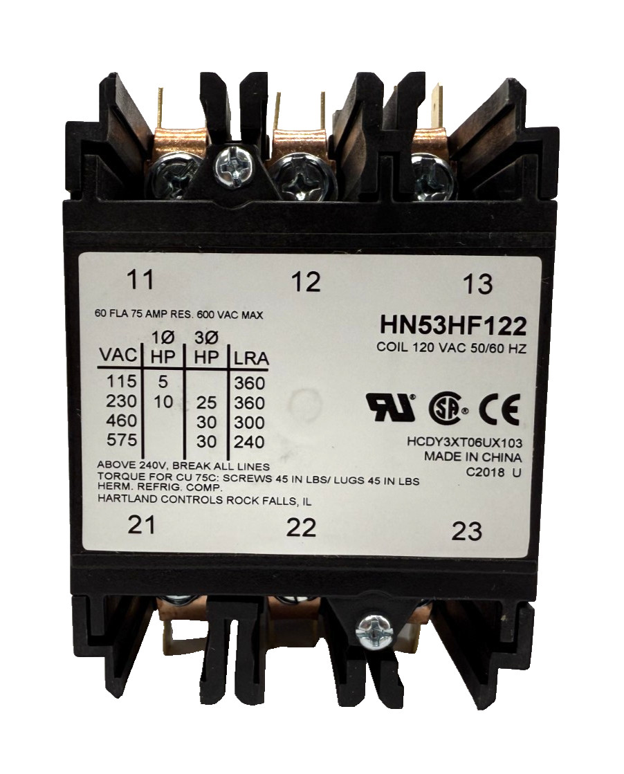 Carrier Contactor HN53HF122 Three Pole, 75 Amp, Screw Terms, 115VAC Coil