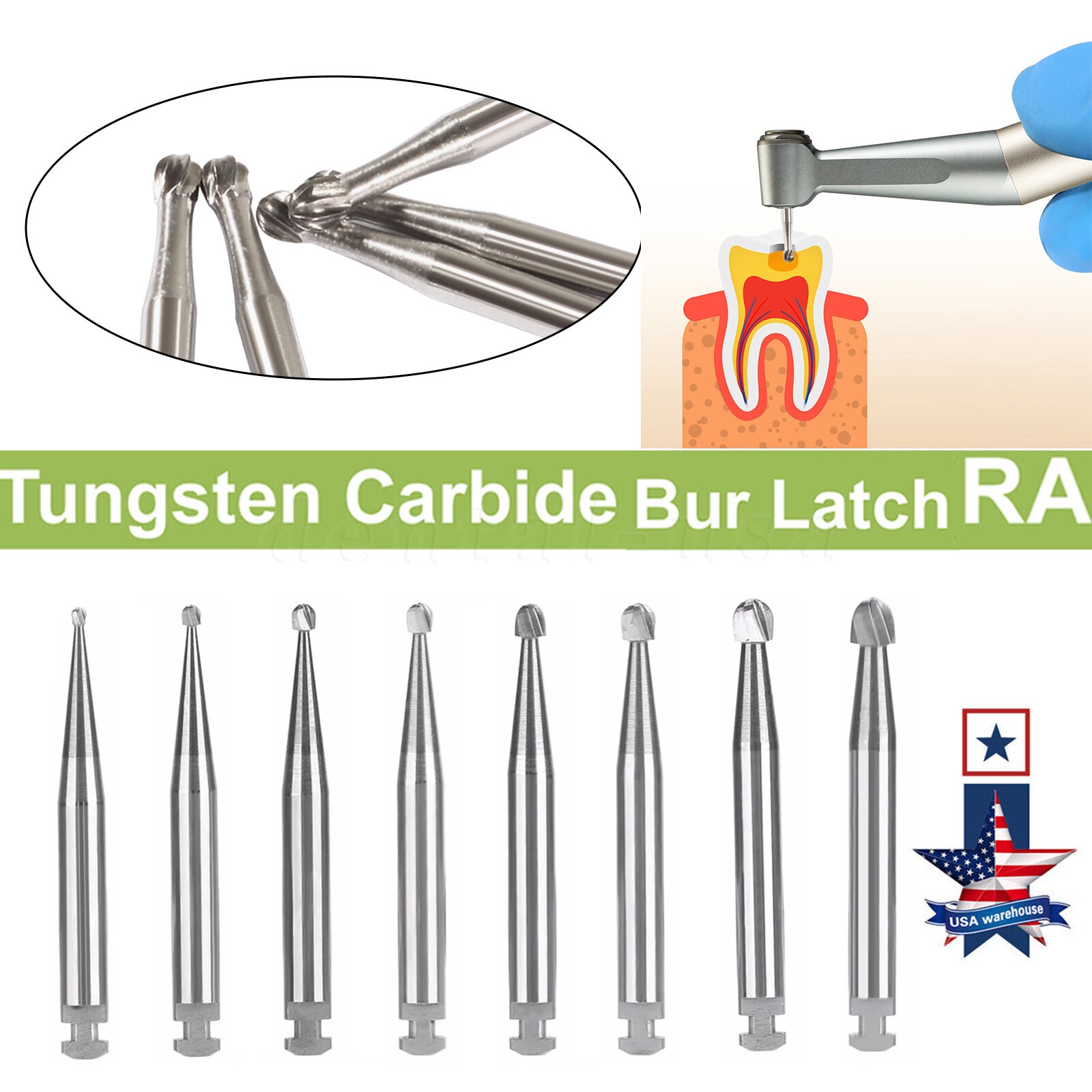 Dental Round Carbide Bur for Slow Speed Latch Type RA 1# -RA 8# Burs 22.5mm