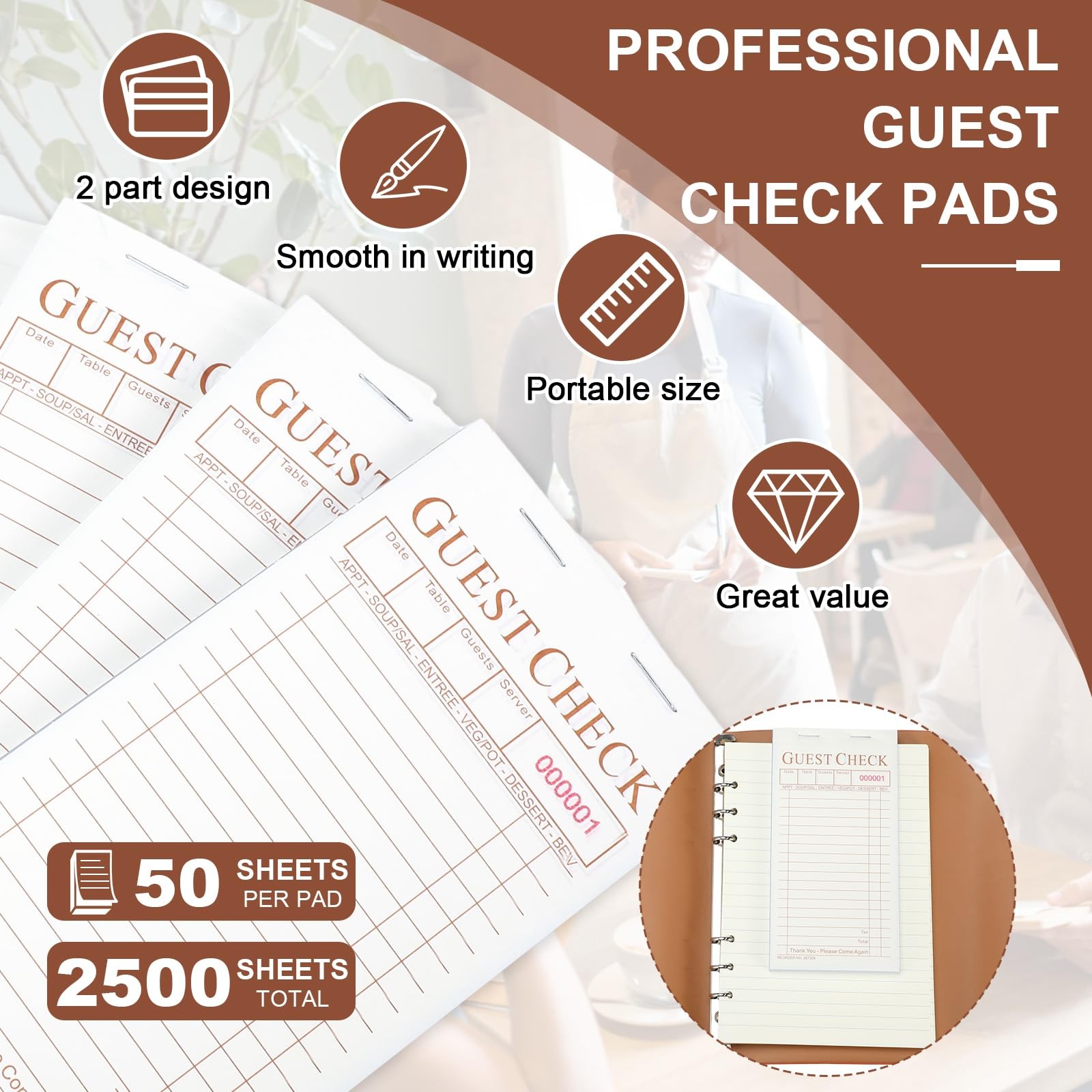 Seajan 50 Pack Guest Check Pads Server Note 3.5 x 6.7 Inch Coffee