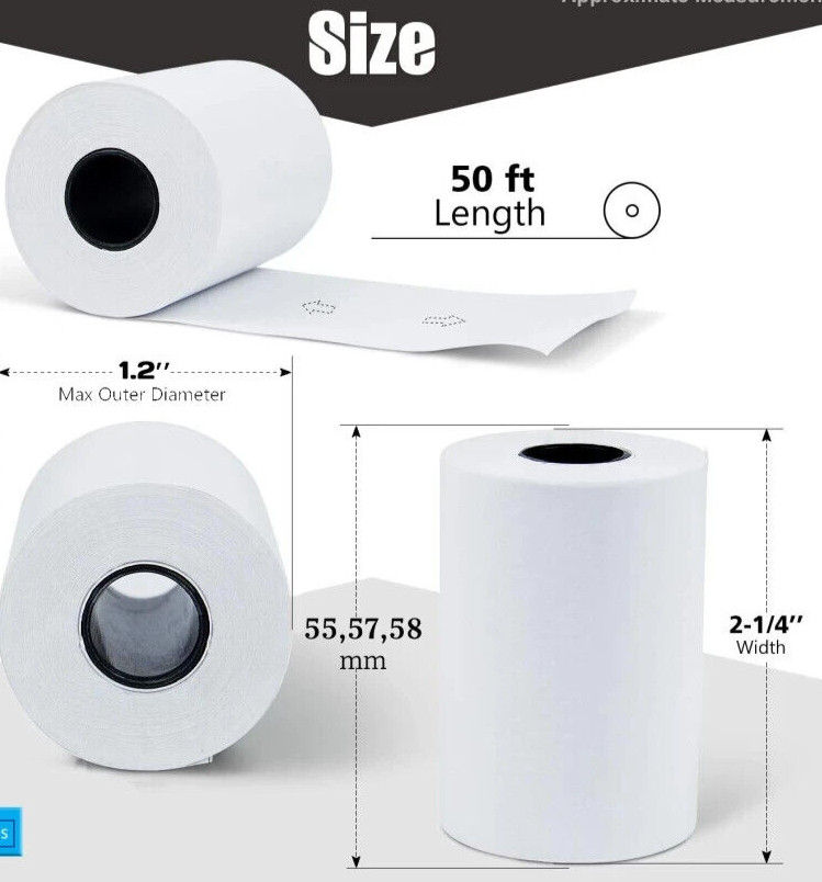 2.25 x 50 ft Receipt Paper POS Cash Register Fits Credit Card Terminals Verifone