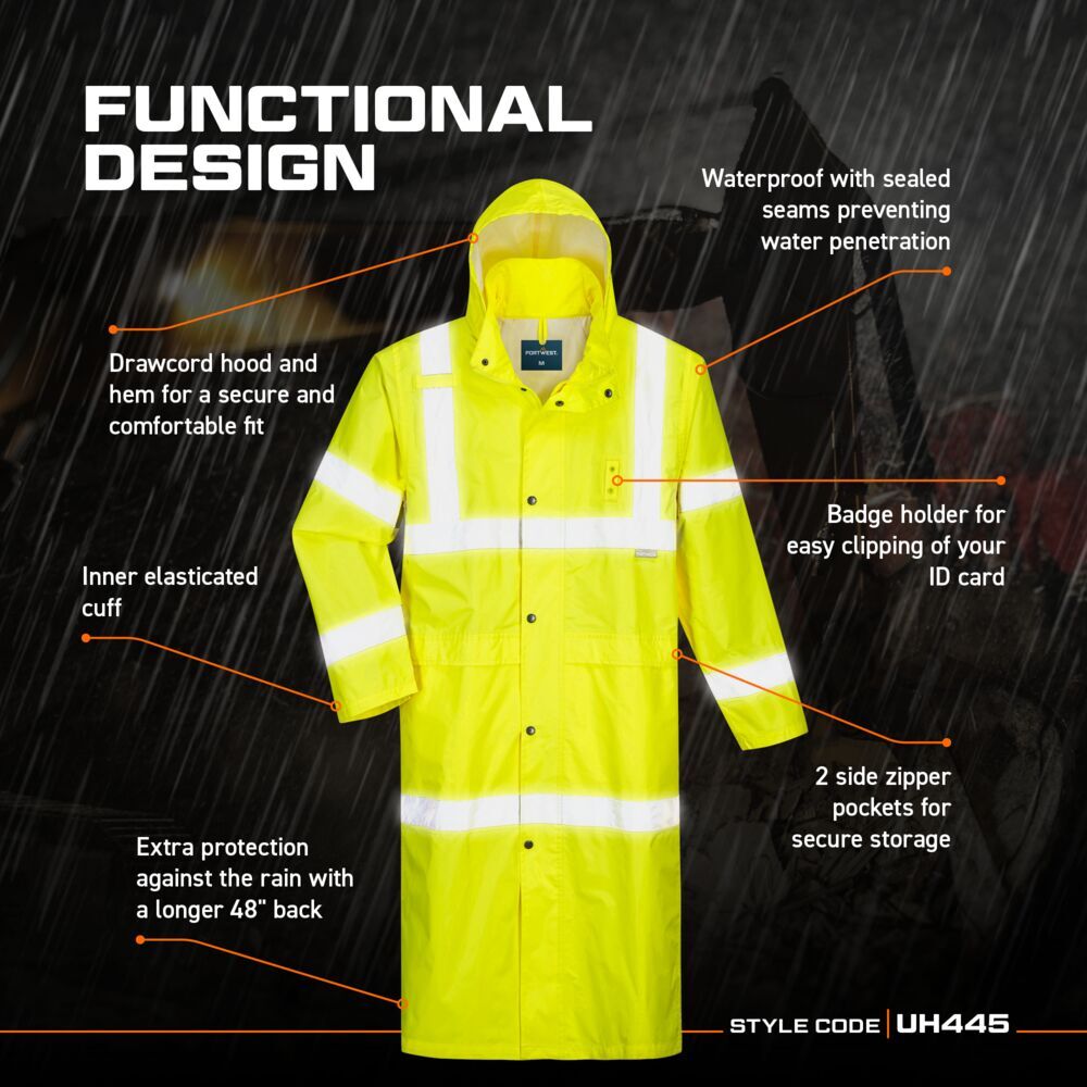Portwest UH445 Mens Waterproof Raincoat Hi Vis Reflective Lightweight 48″ Jacket