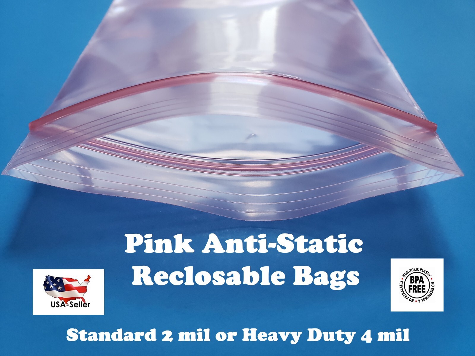 Antistatic Pink 2 or 4-Mil Zip Seal HEAVY-DUTY Static Reclosable Top Lock Bags