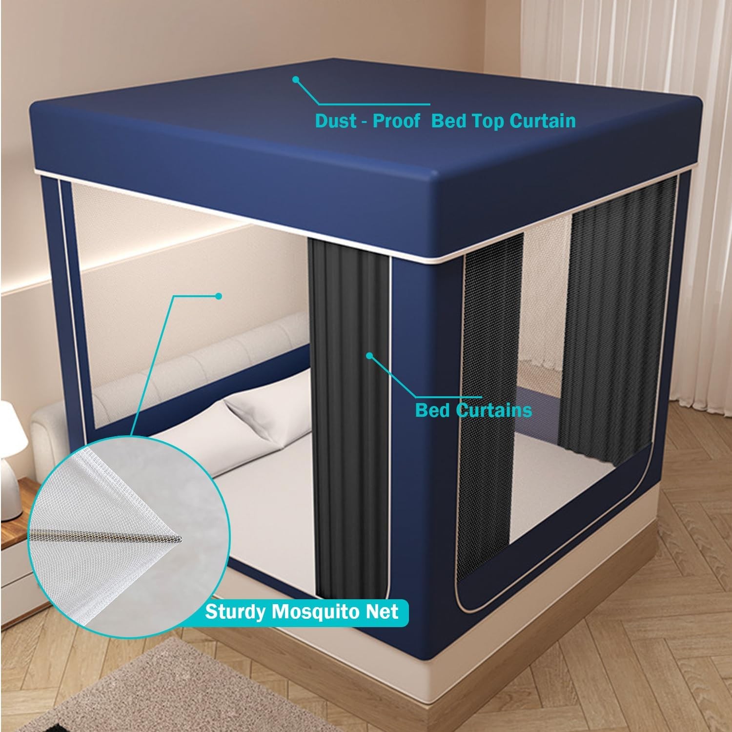 Queen Size Painted Stainless Canopy Bed Frame，with Covered Mosquito Net and 3PCS
