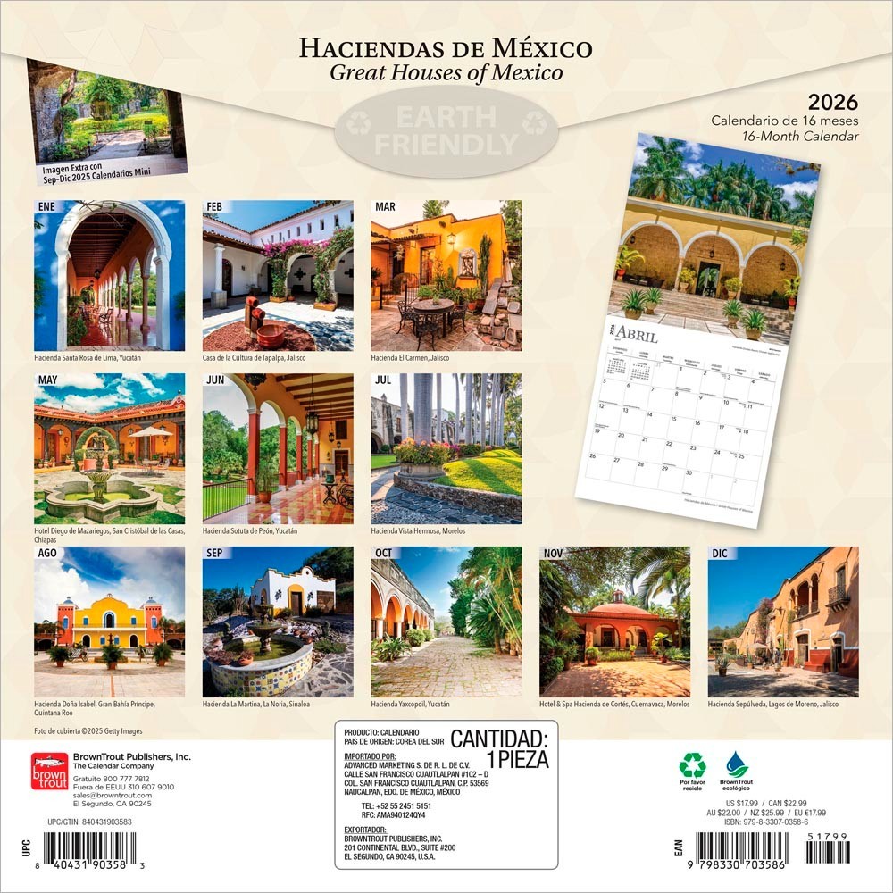 Haciendas de Mexico | Great Houses of Mexico | 2026 12×24″ Wall Calendar