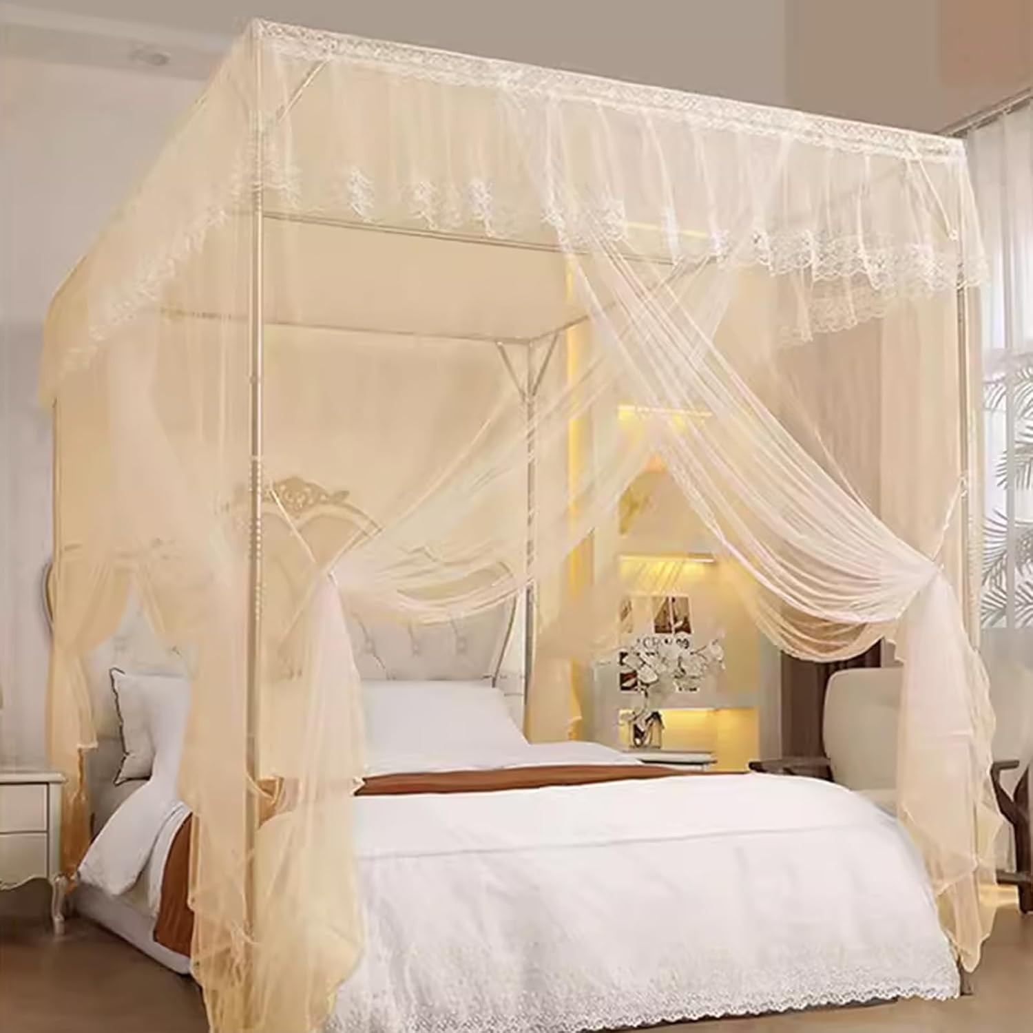 Canopy Bed Frame Full, Stainless Steel Four Corner Bed Canopy Poles Mosquito Net