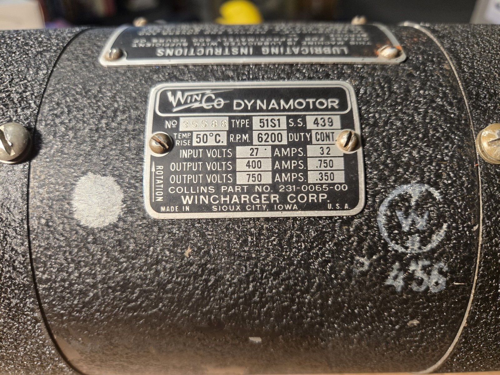 WINCO WINCHARGER DYNAMOTOR TYPE 51SI, 6200 RPM, COLLINS 231 0065 00 MILSPEC