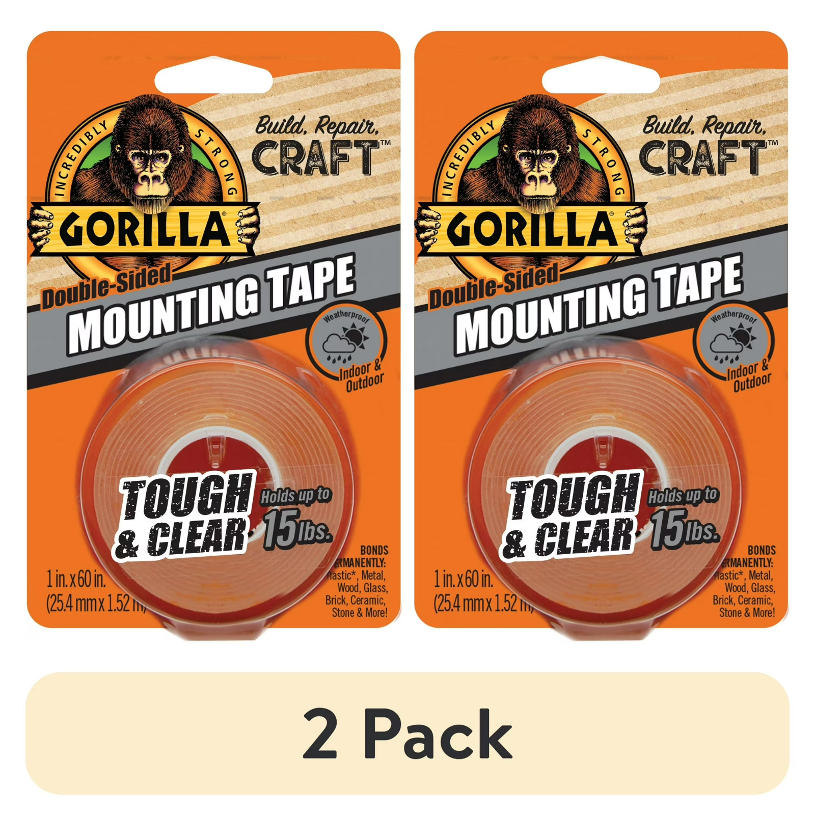 (2 pack) Gorilla Tough & Clear Double-Sided Mounting Tape, 60″ Roll