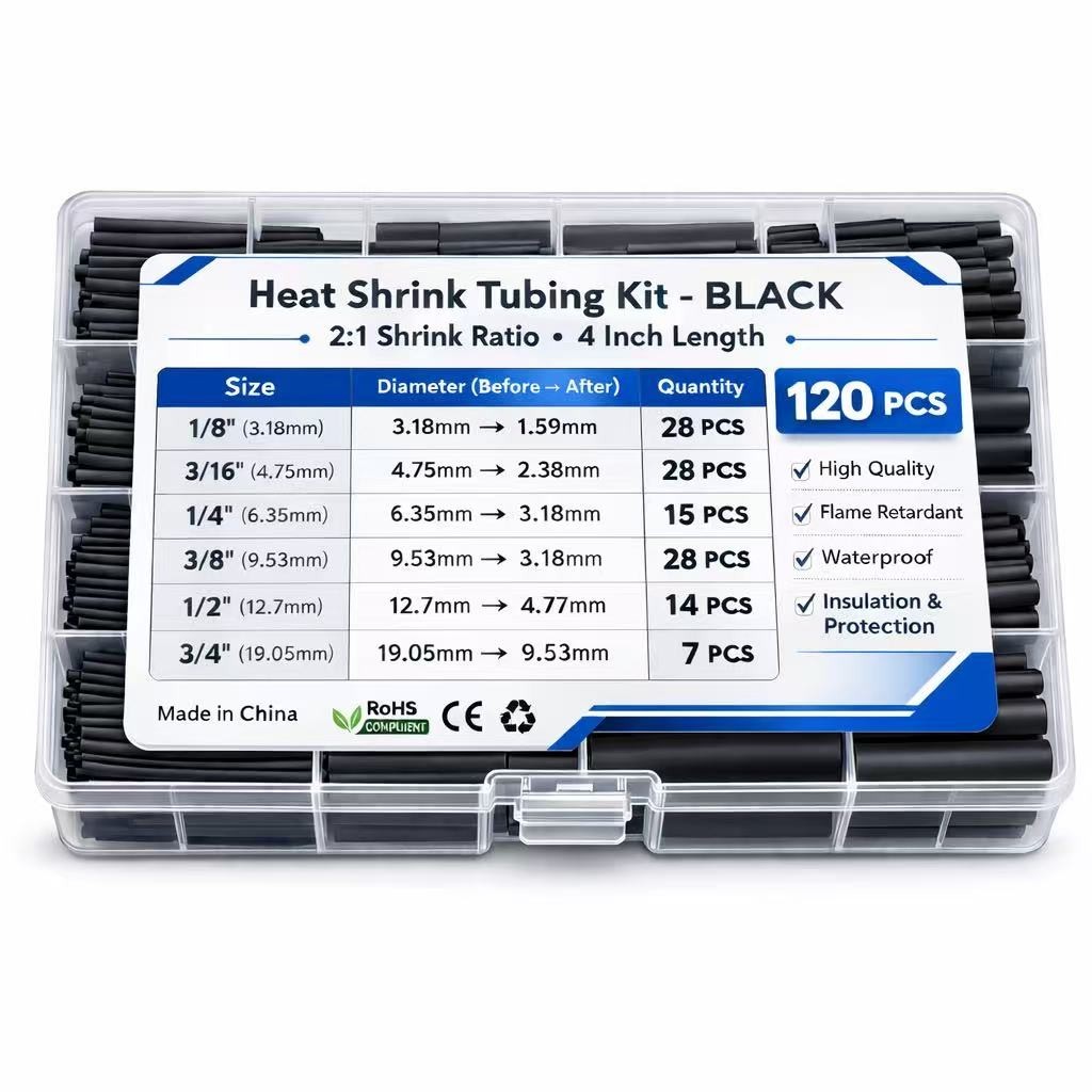 120PCS Heat Shrink Tubing Kit 2:1 Black Assorted Sizes 4 Inch Polyolefin Tube