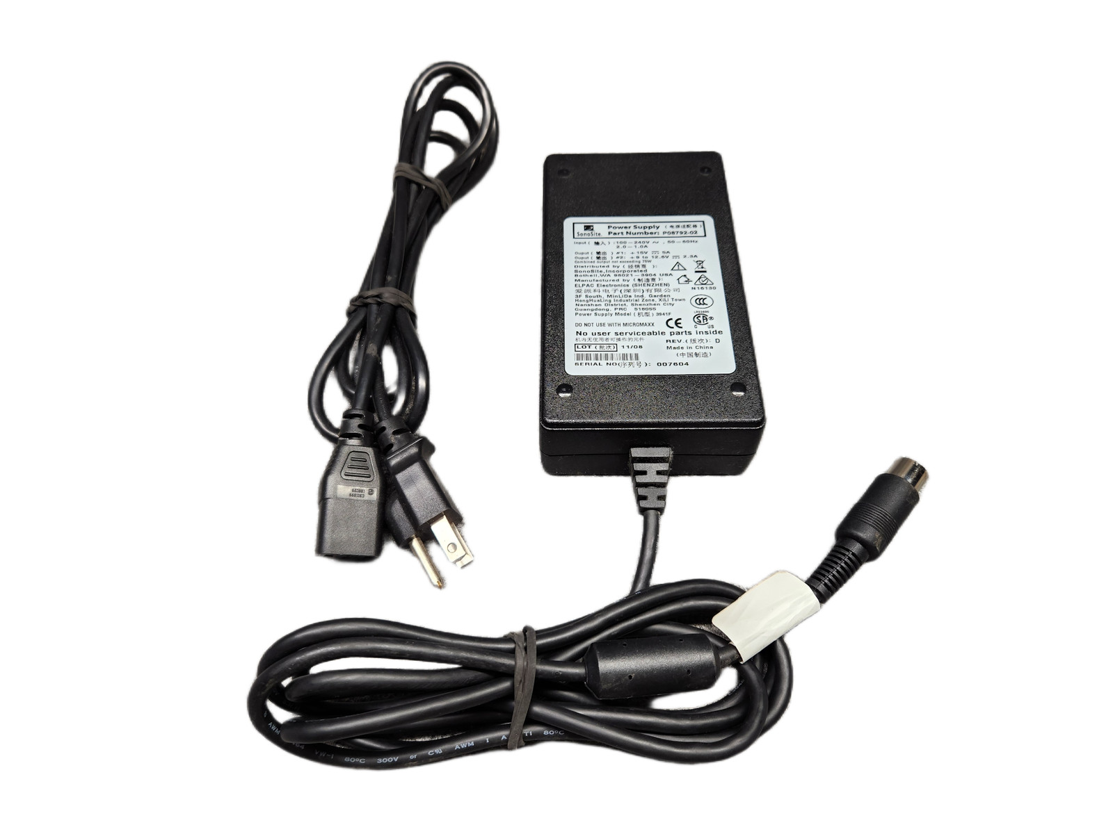 Elpac SonoSite AC Adapter/Power Supply P08792-02 12.6V 2.3A