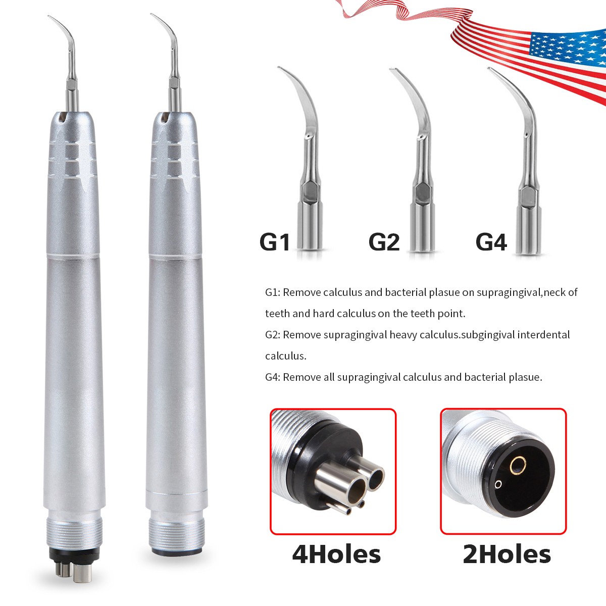 USA Dental Ultrasonic Air Perio Scaler Handpiece Hygienist 2 & 4-Holes 3 Tips CE