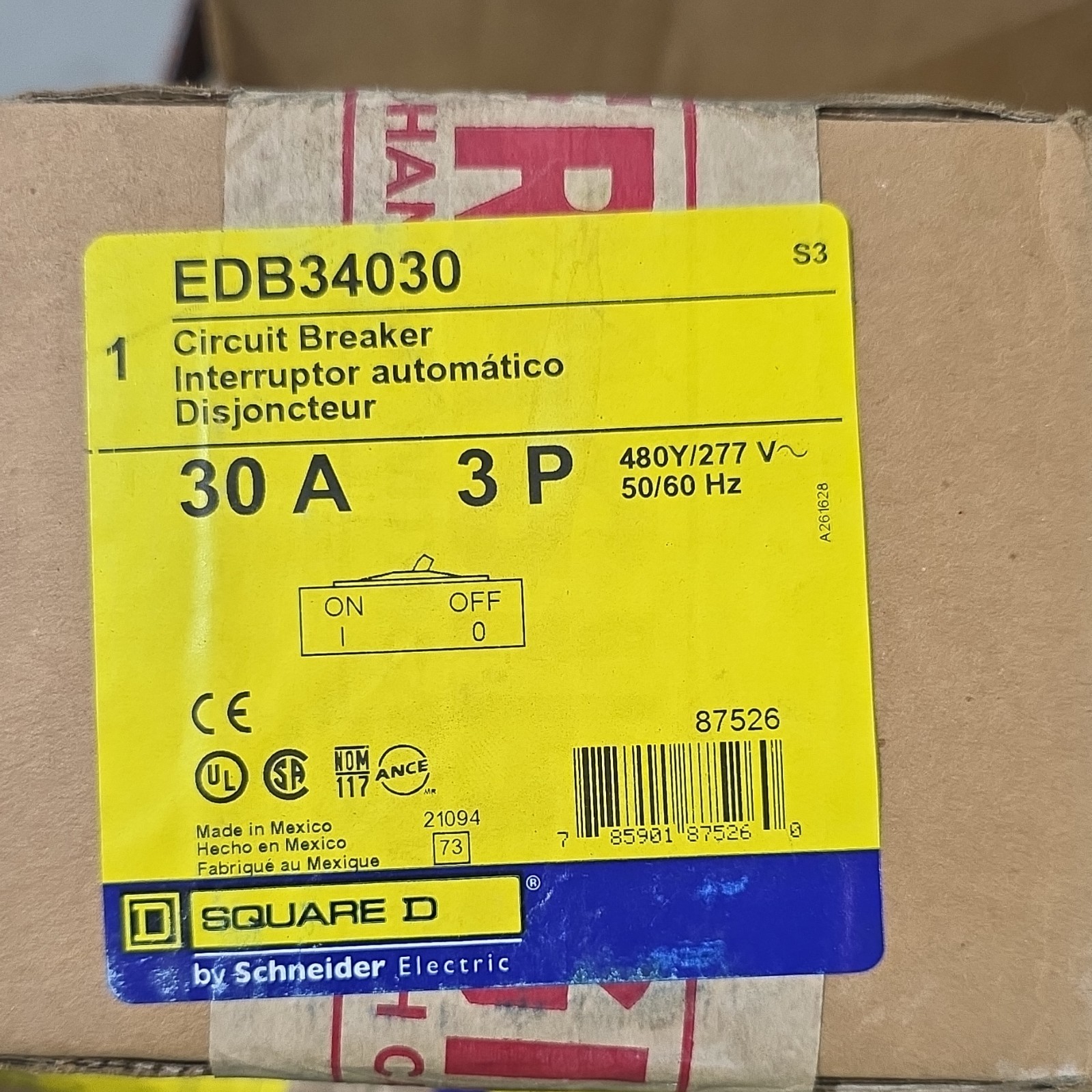 Square D EDB34030 Circuit Breaker 30A 3-Pole 480Y/277V AC Thermal, 1 Pack