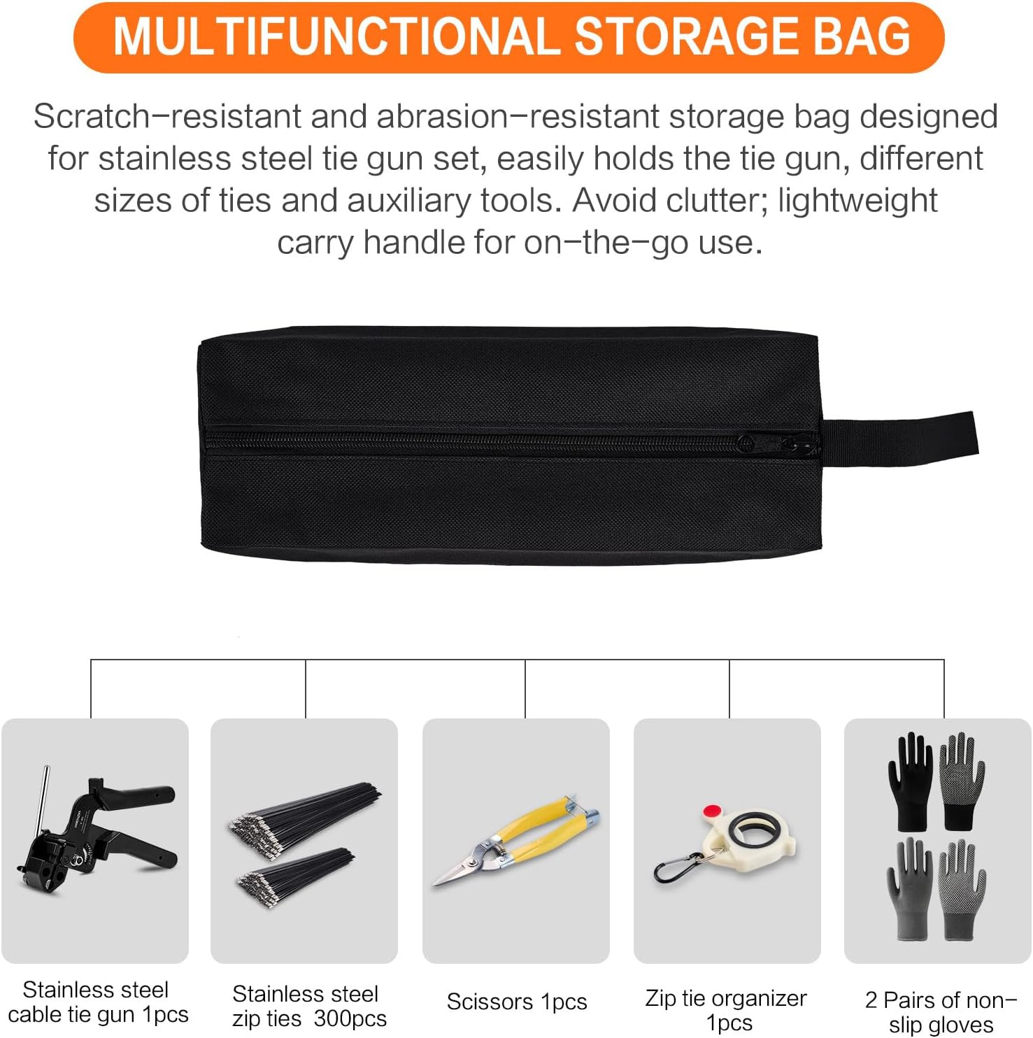 Stainless Steel Cable Tie Gun Kit：With 300Pcs Uv Resistant Black Metal Zip Ties