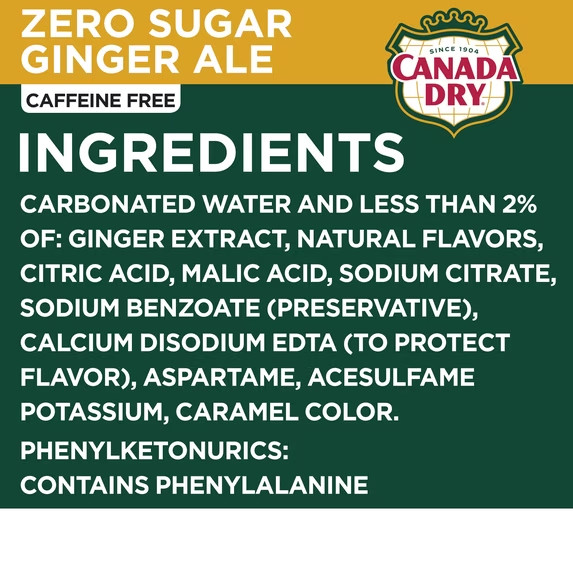 Canada Dry Caffeine Free Zero Sugar Ginger Ale Soda Pop, 12 fl oz, 12 Pack Cans