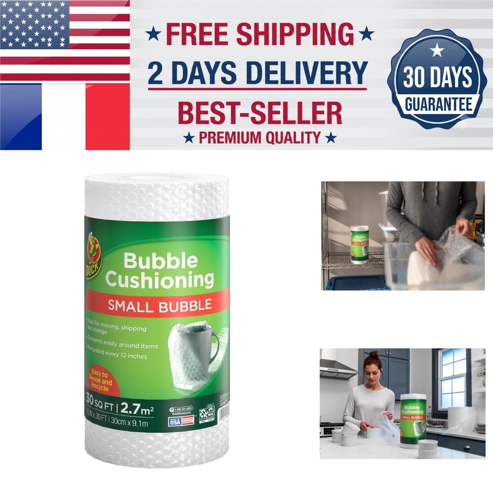 Duck Brand Small Bubble Cushioning Wrap 30 FT for Moving & Shipping