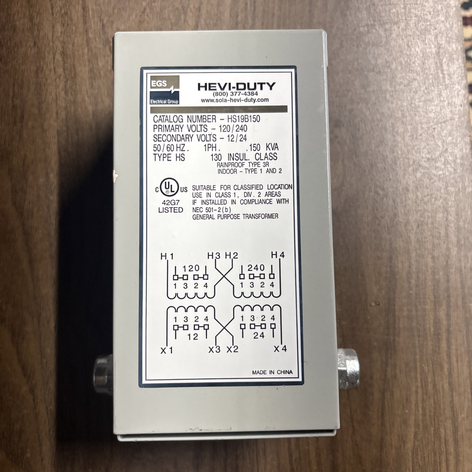 EGS SOLA HEVI-DUTY TRANSFORMER HS19B50 0.050KVA 120/240-12/24 Volts Used