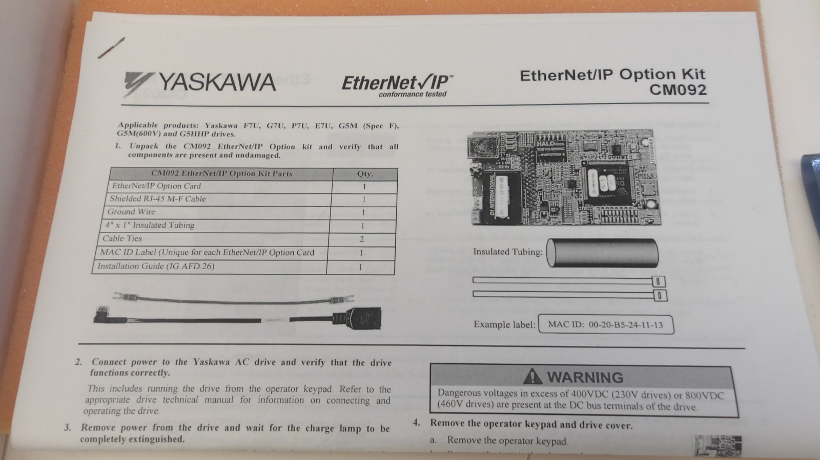 YASKAWA ETHERNET/ IP OPTION KIT REV2, P/N: CM092 PC BOARD SHIELDED RJ-45 CABLE