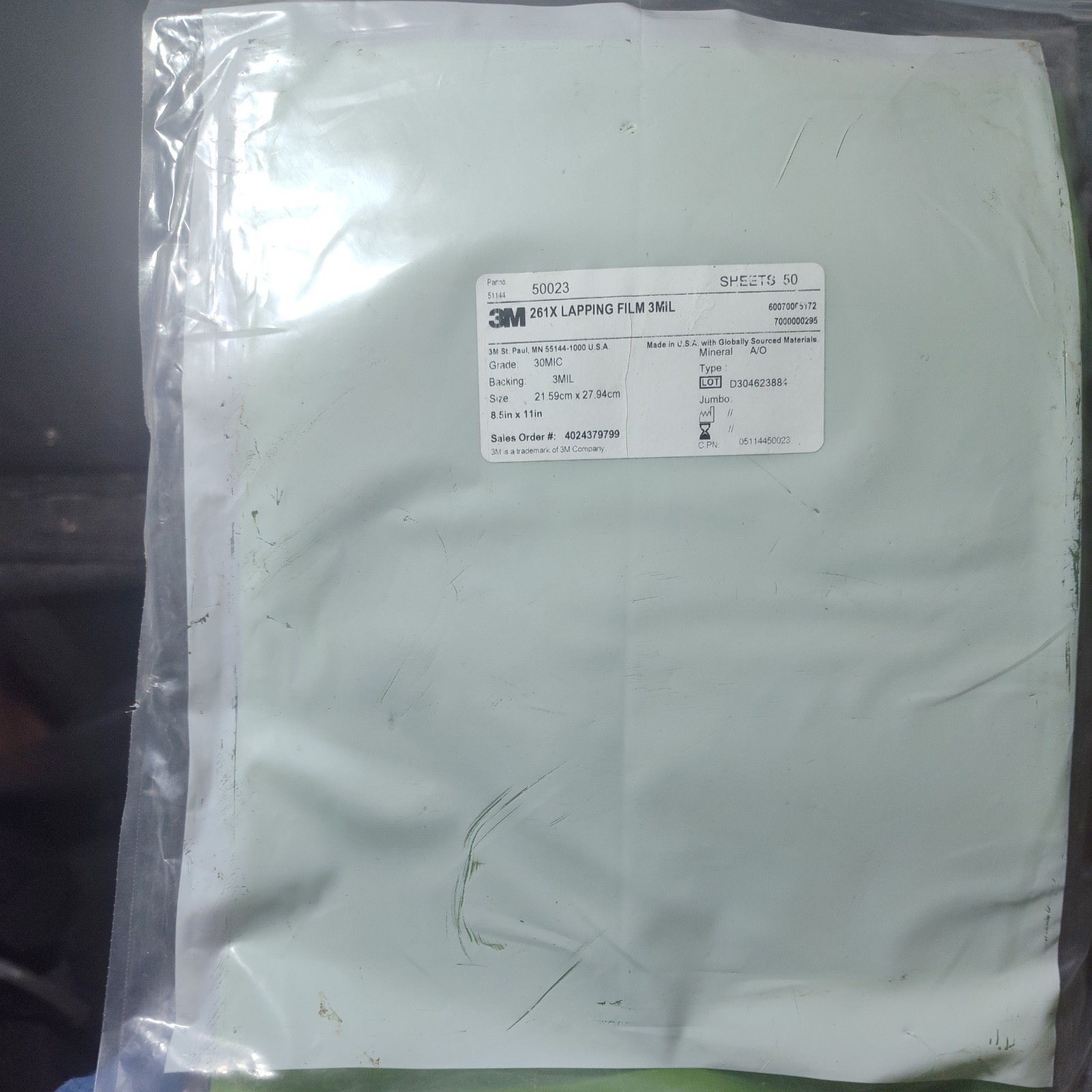 PACK OF 50 3M 261X Lapping Film Sheets Green A/O 8.50″X11″ 30 Micron 7000000295