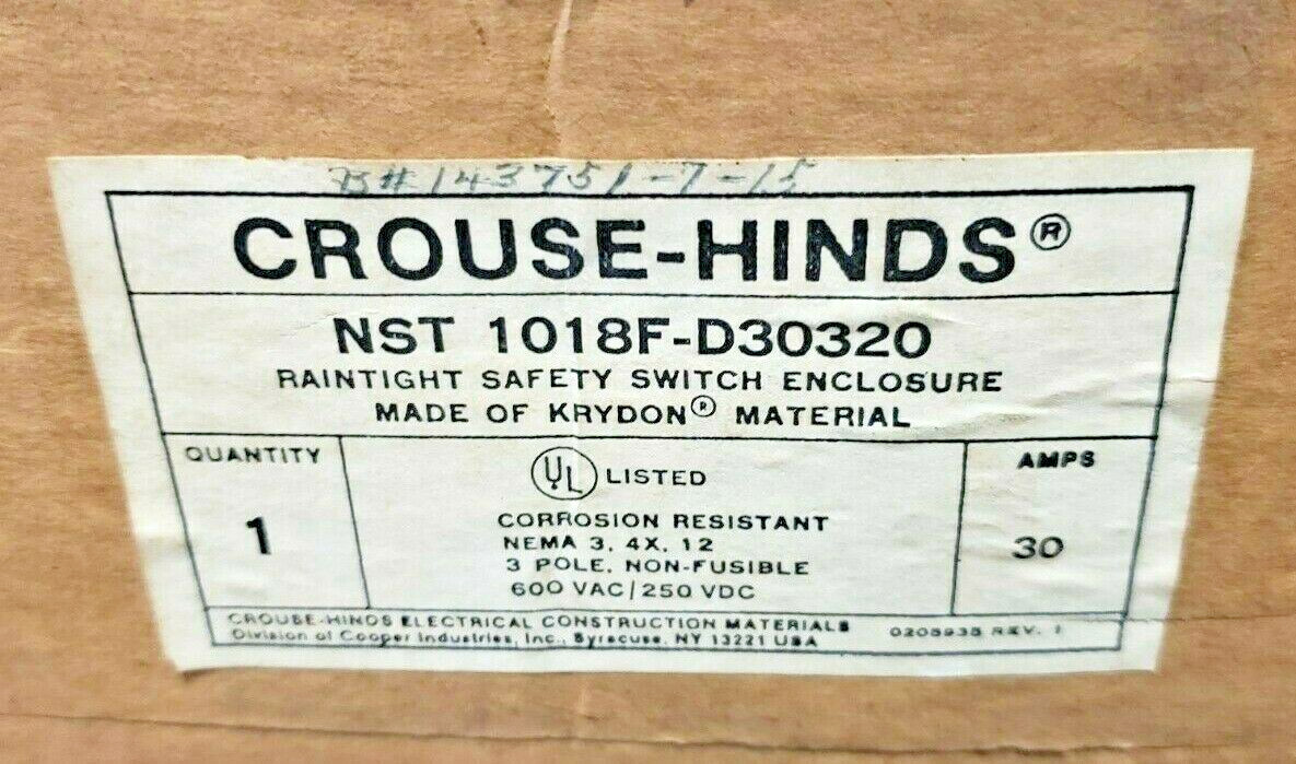 NEW CROUSE HINDS NON-METALLIC SAFETY SWITCH 30 AMP NEMA 3 4X 12 NST1018F D30320
