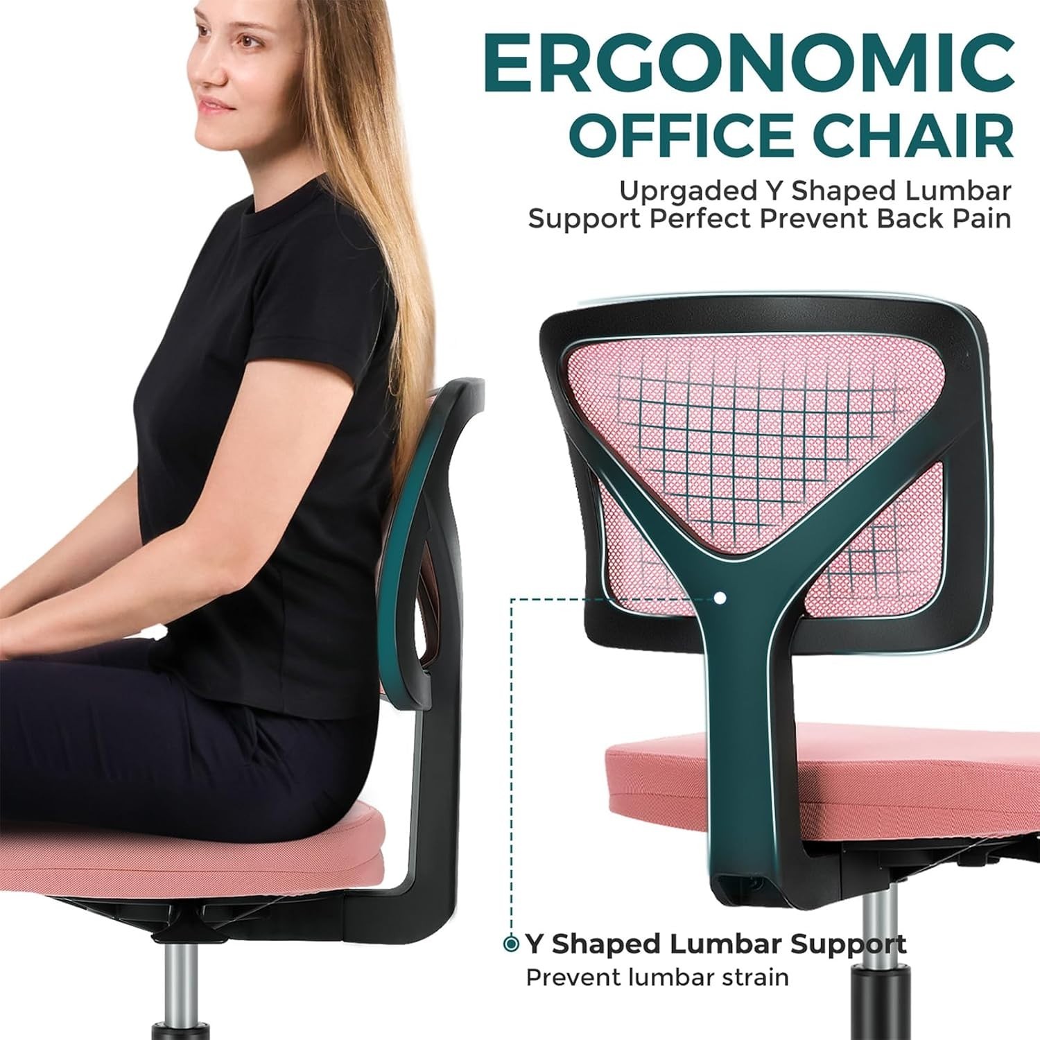 Ergonomic Hot Pink Armless Office Chair – Adjustable & Rolling for Small Spaces