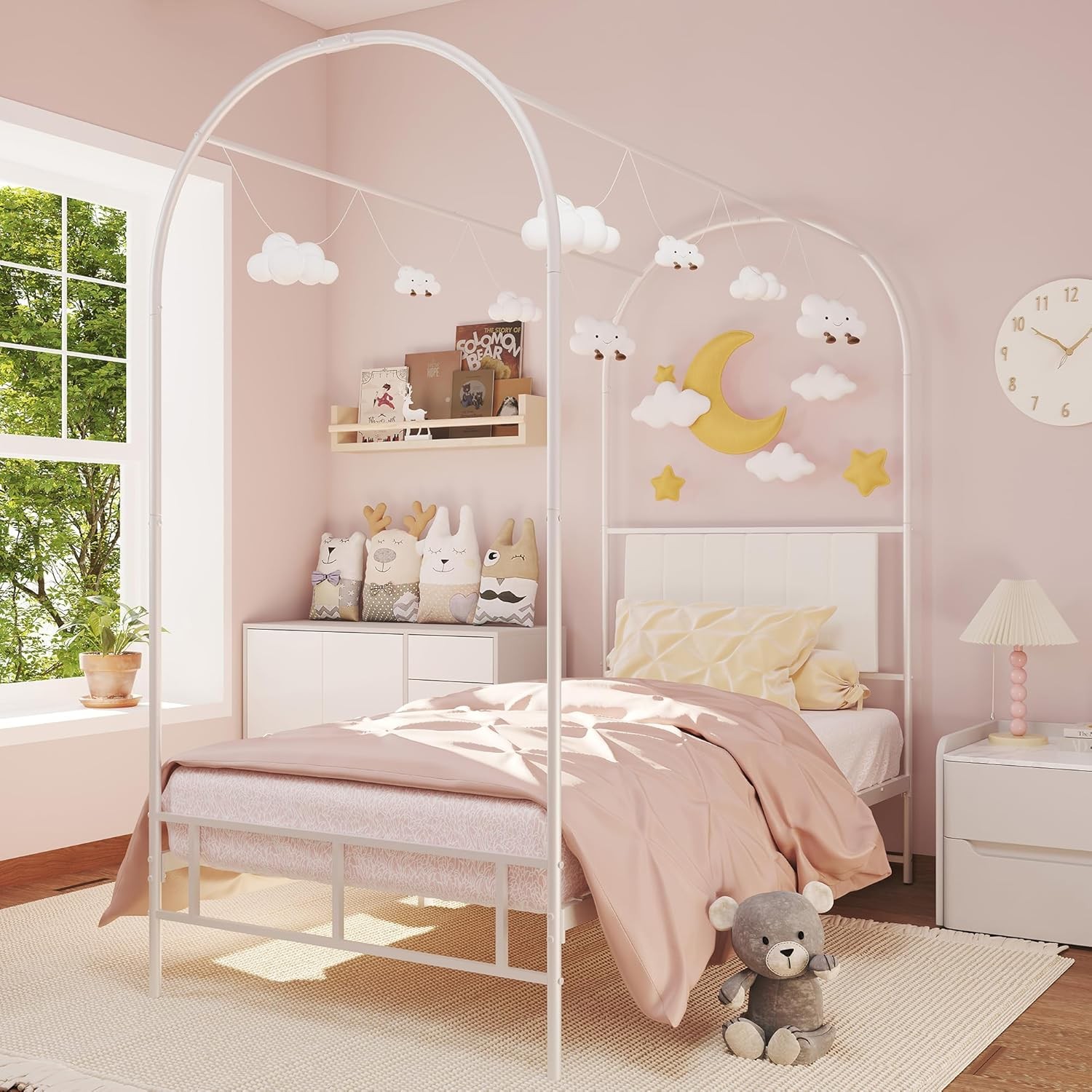 Kids Canopy Bed Frame with Headboard & Footboard, Upholstered Twin Bed Frames