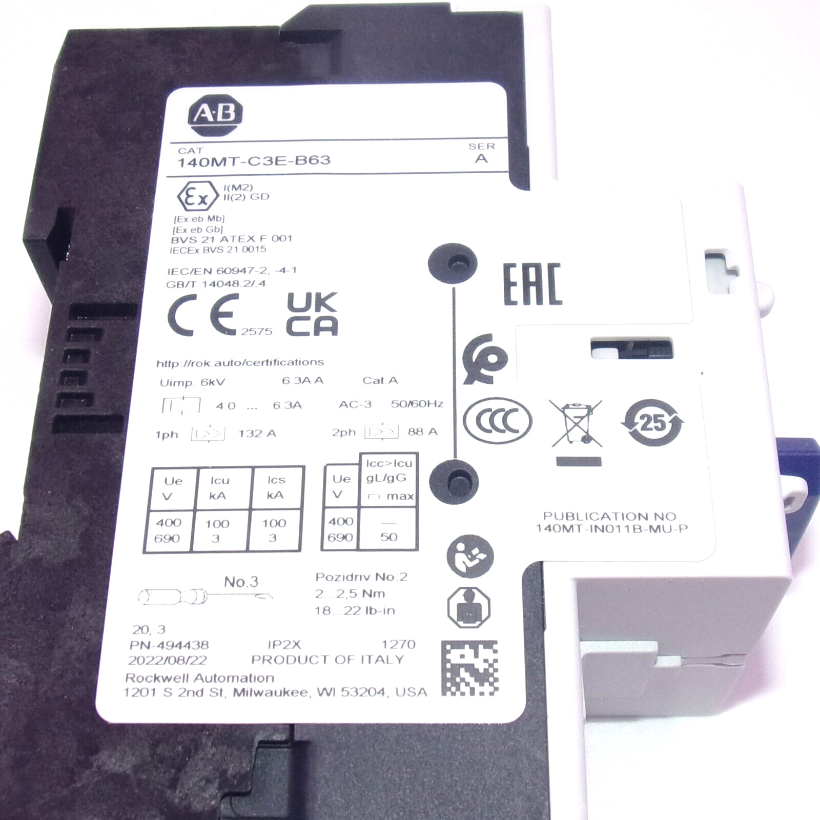 Allen-Bradley 4.0-6.3A 3-Pole Motor Protection Breaker 140MT-C3E-B63 SER. A
