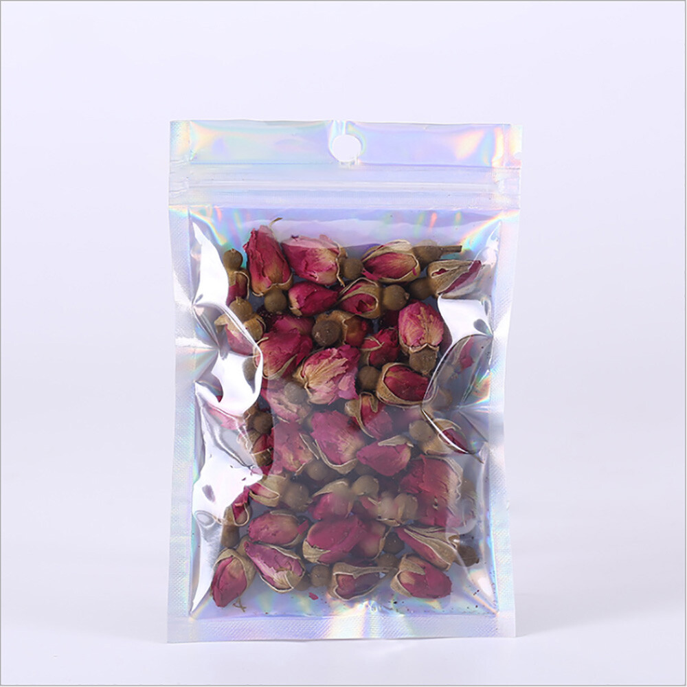 Multi Size Clear Front Holographic Silver Back Glossy Foil Mylar Zip Lock Bag