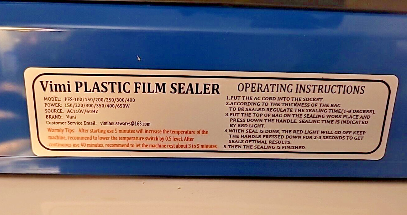 Vimi Plastic Film Sealer 200mm for PP/PE Bags Model PPS-100/150/200/250/300/400