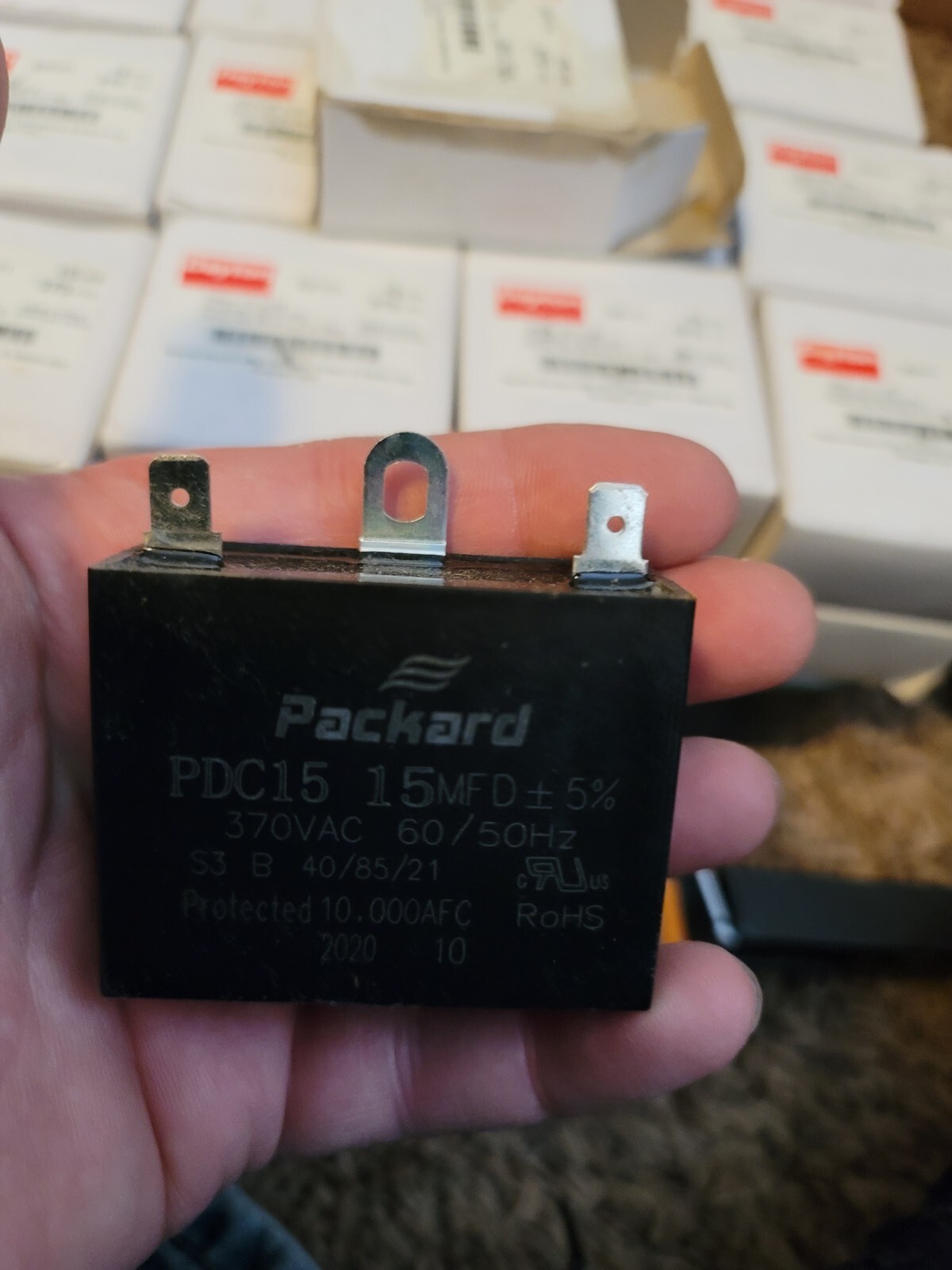 Dayton Motor Run Capacitor: Rectangle, 370V AC, 15 mfd, 2 1/4 in Overall Ht
