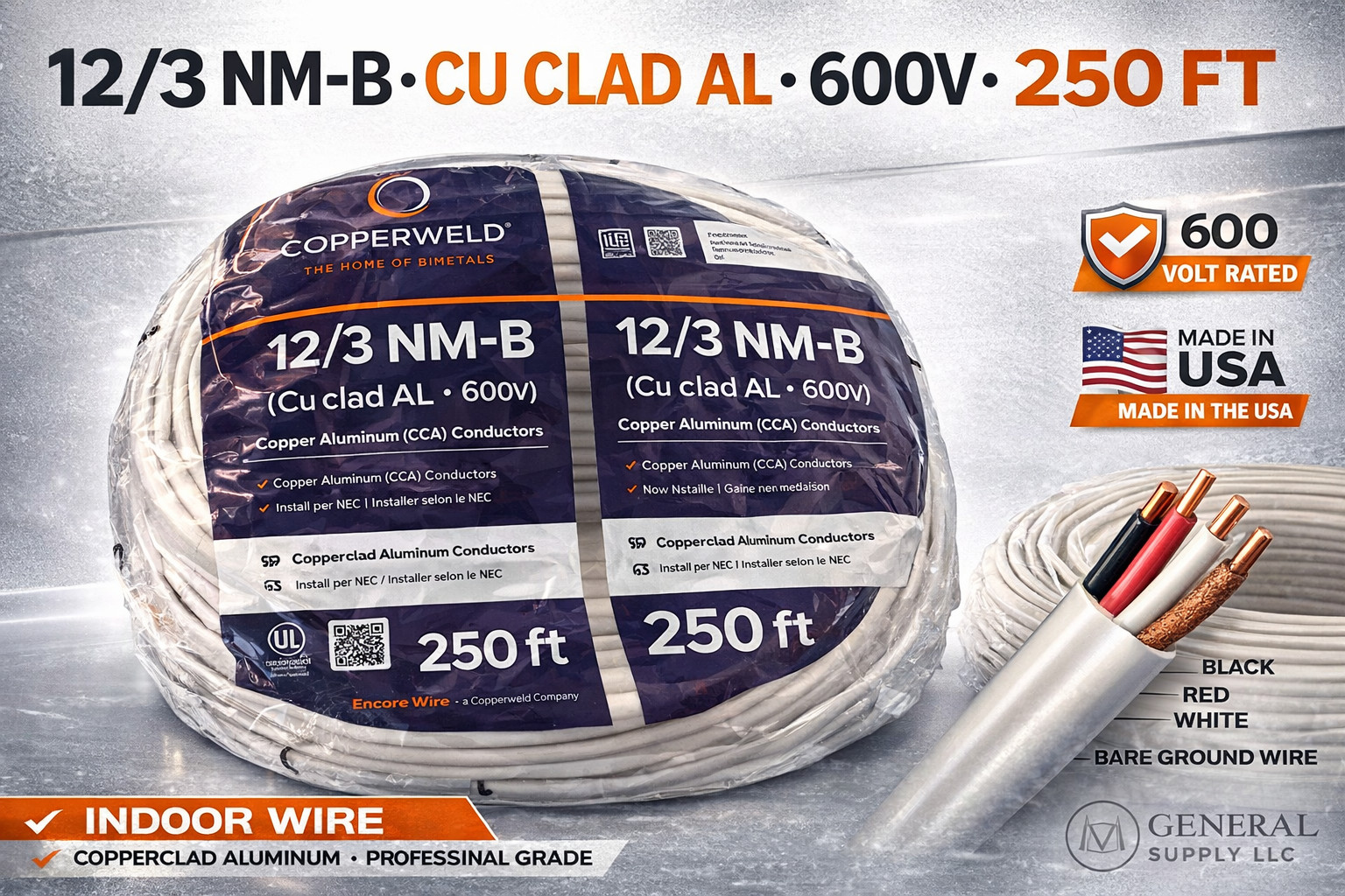 Copperweld 12 AWG 3-Conductor NM-B Copper-Clad Aluminum Building Wire 250 ft