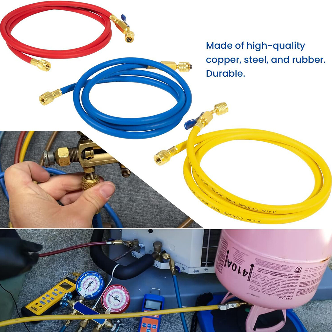 3 Pack 29986 Plus II 1/4″ Red Blue Yellow Charging Hose Compact Ball Valve 72″