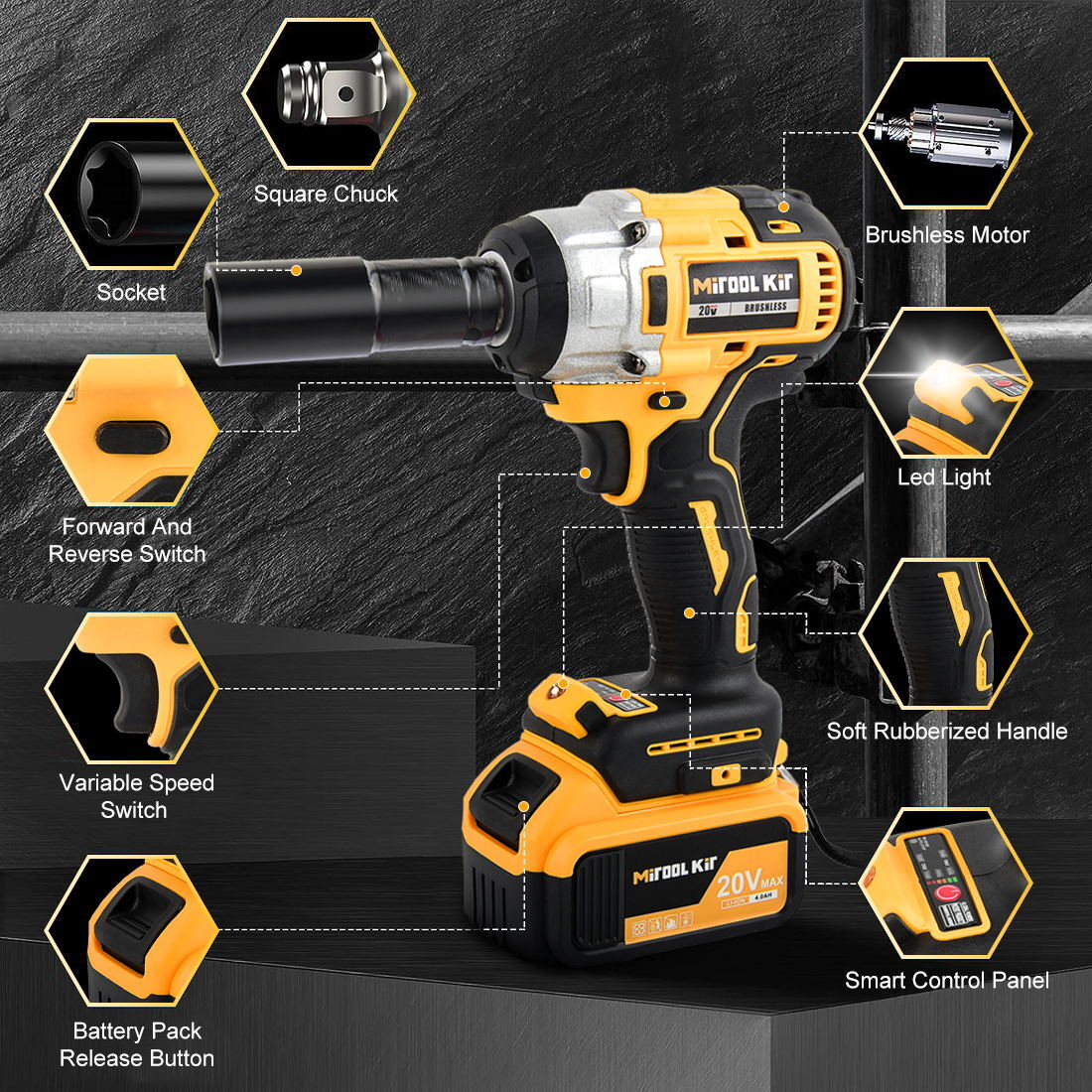 1/2″ Electric Wrench Cordless Brushless Impact Rattle Gun Drill Kit 2 Battery