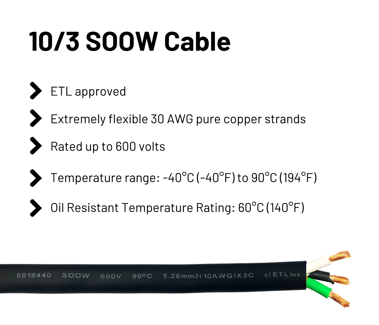 WindyNation 10/3 10 AWG 3 Conductor SOOW SO Cable Cord Wire 600V Portable Power
