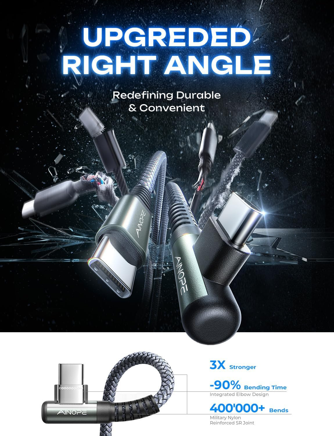 USB C to USB C Cable 60W, 2-Pack 6.6FT Right Angle Type-C Fast Charging Cord, Ny