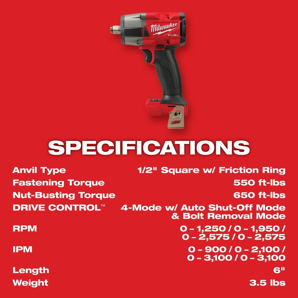 Milwaukee 2962-20 M18 1/2″ Mid-Torque Impact Wrench w/ Friction Ring Bare Tool