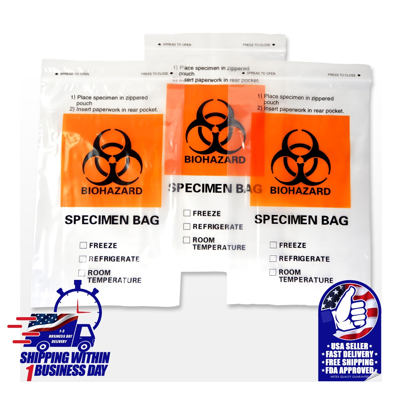 1000pcs Bags 6x9In Specimen Transport Biohazard Bag, 2 Pockets, Econo-Zip, 30029