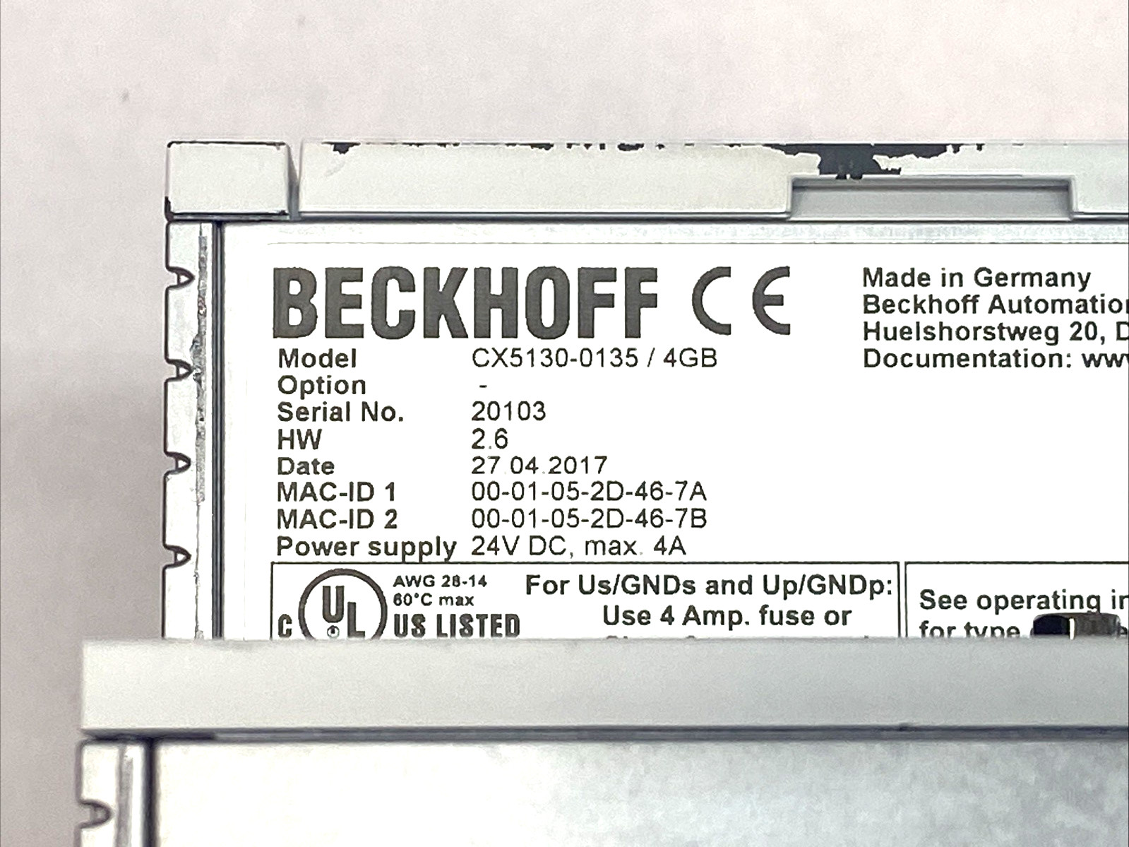 Beckhoff CX5130-0135/4GB CPU Module 24VDC 4A 4GB