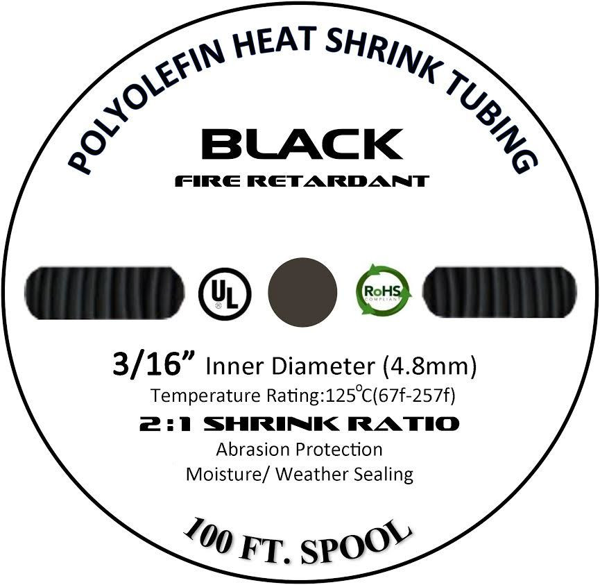 100 FT. 100 Feet BLACK 3/16″ 5mm Polyolefin 2:1 Heat Shrink Tubing Tube Cable UL