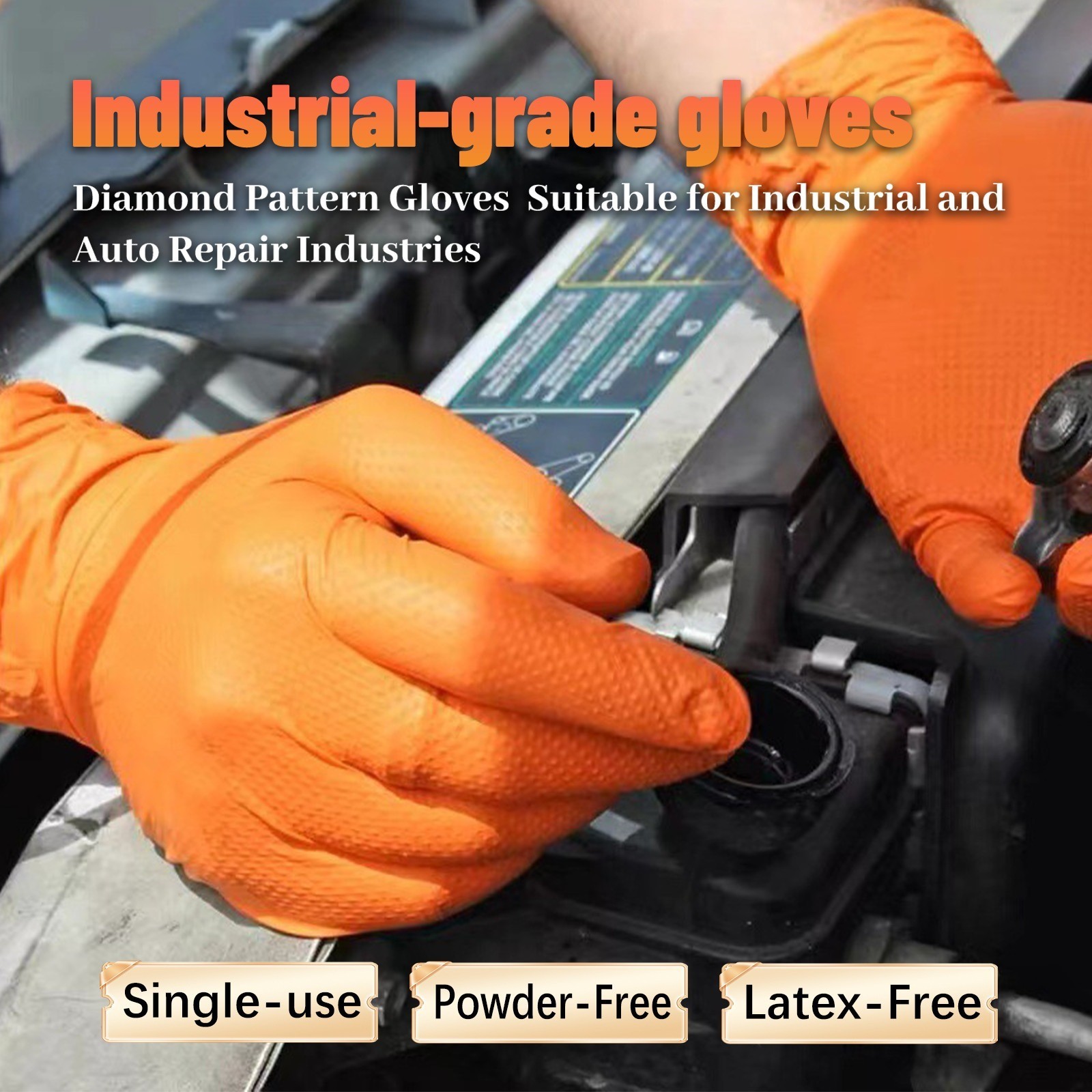 8 Mil Heavy-Duty Orange Nitrile Gloves | Diamond Grip, Latex-Free (3-Pack)