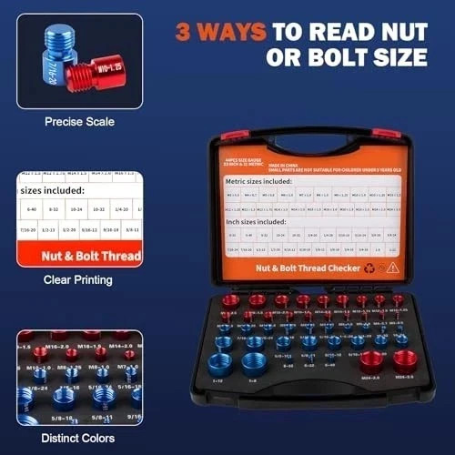 44pcs Inch & Metric Set Nut & Bolt Thread Checker Identifier Thread Gauges Box