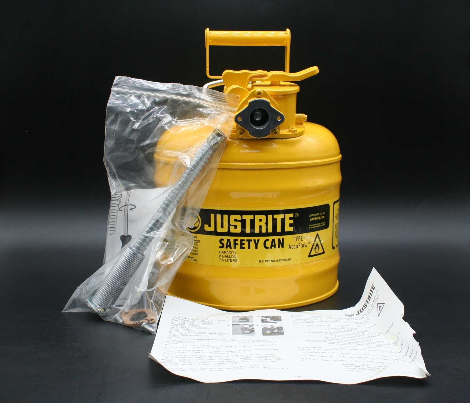 One (1) JUSTRITE 7220220 (ULINE H-1849Y) Safety Can, 2-Gallon, Yellow, Diesel