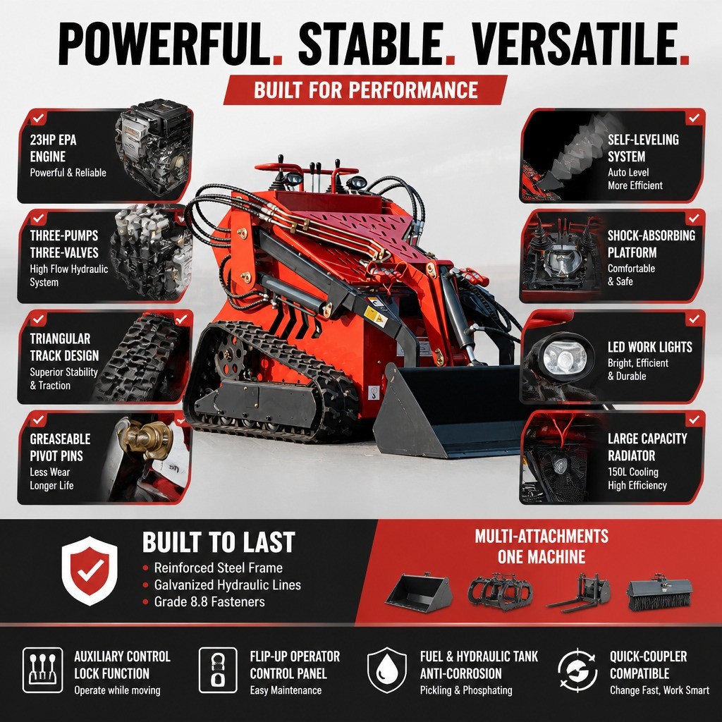 NEW 2645Lbs Tracked Mini Skid Steer Loader 23HP 3-Pumps Dual Level Operation EPA