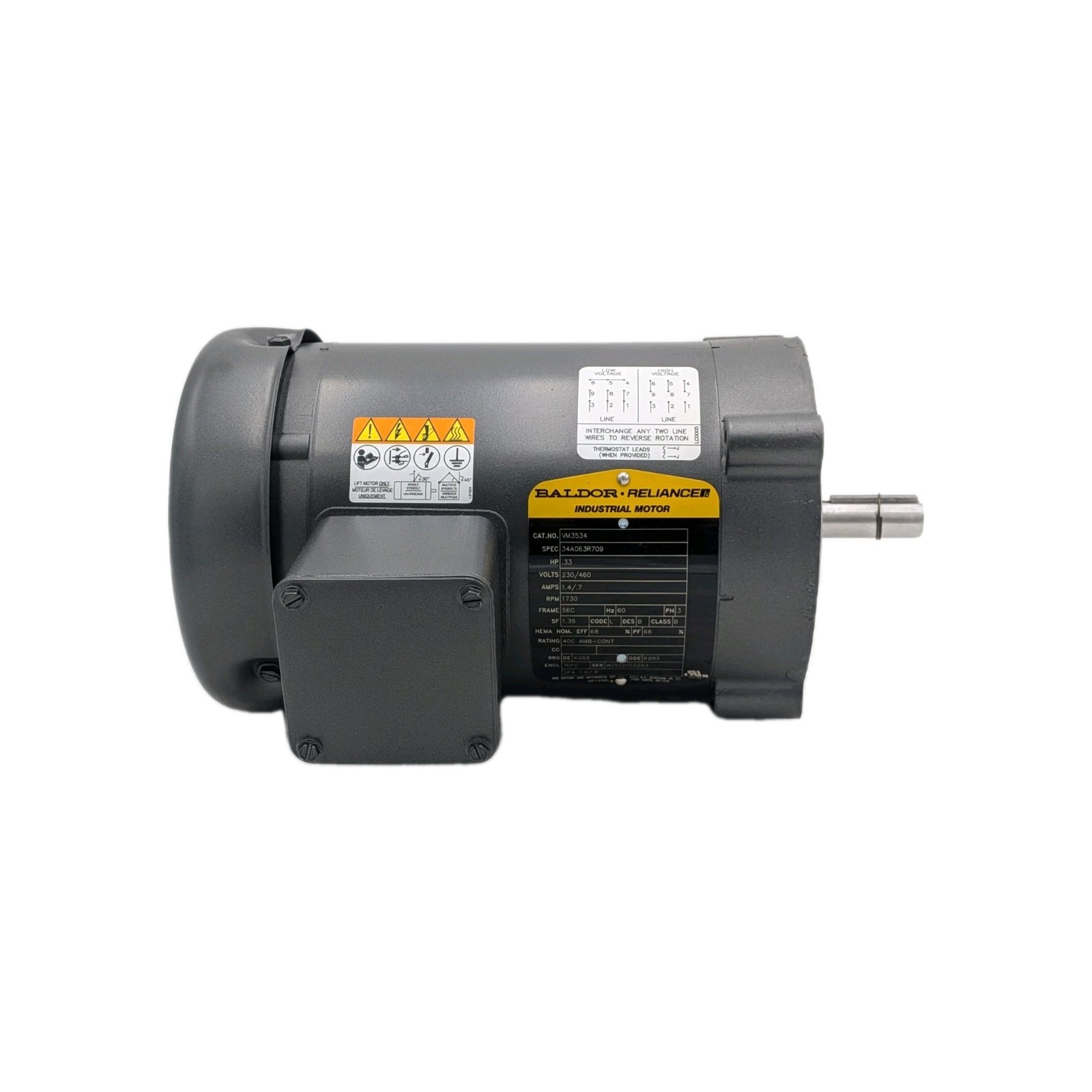 Baldor VM3534 AC Motor 1725 rpm 230/460V 1/3hp 3-Phase 56c C-Face TEFC