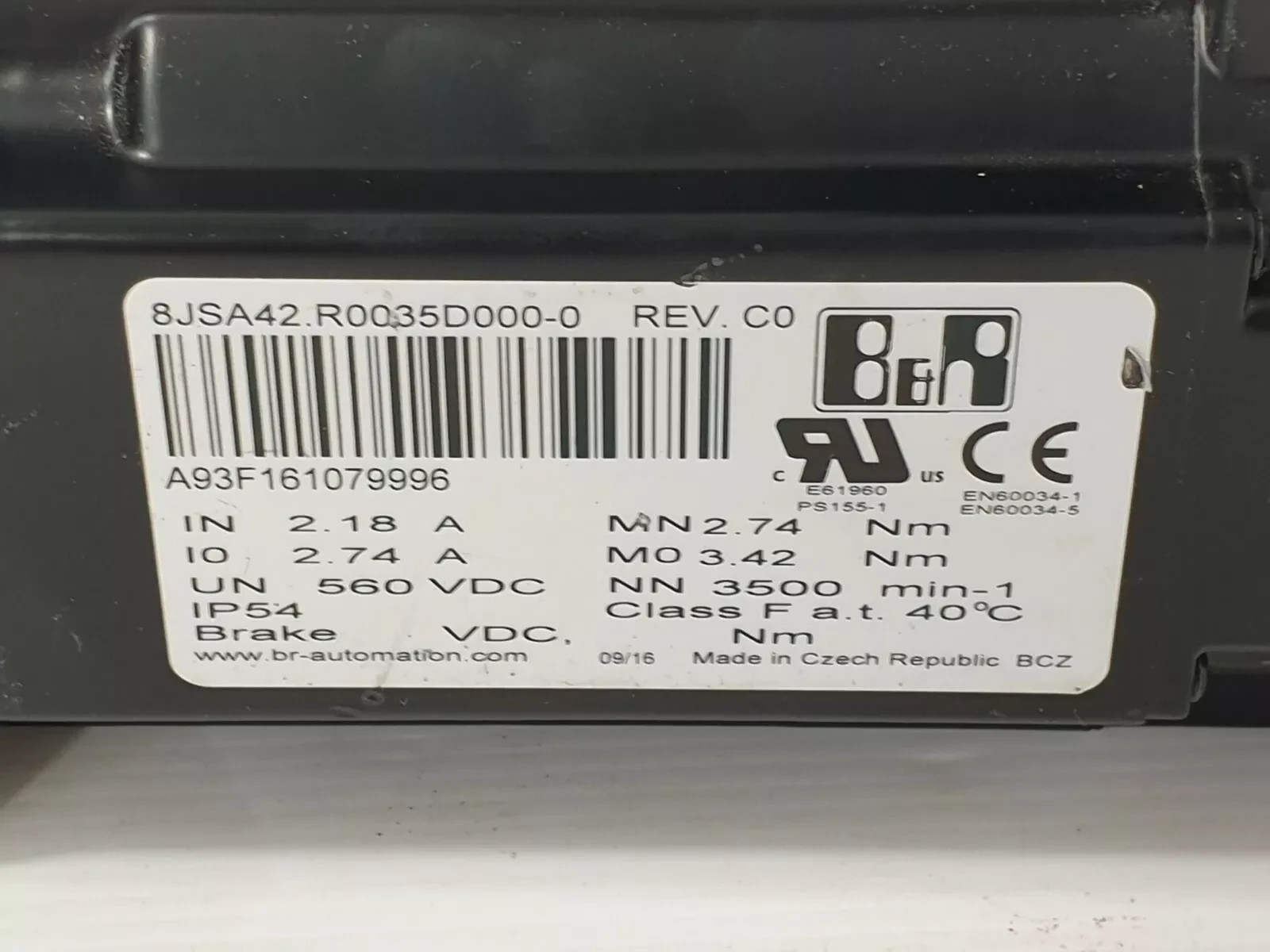 B&R 8JSA42.R0035D000-0 REV_C0 SERVO MOTOR IN 2.18 A IO 2.74 A 560-VDC NN 3500MIN