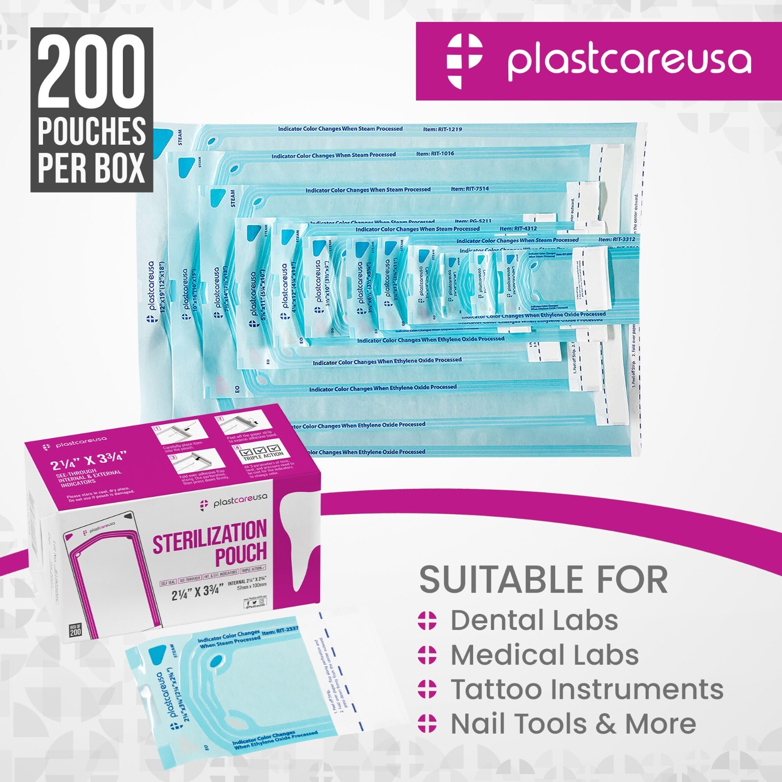 2.25″ x 2.75″ Self-Sealing Sterilization Pouches for Autoclave (1 Box of 200)