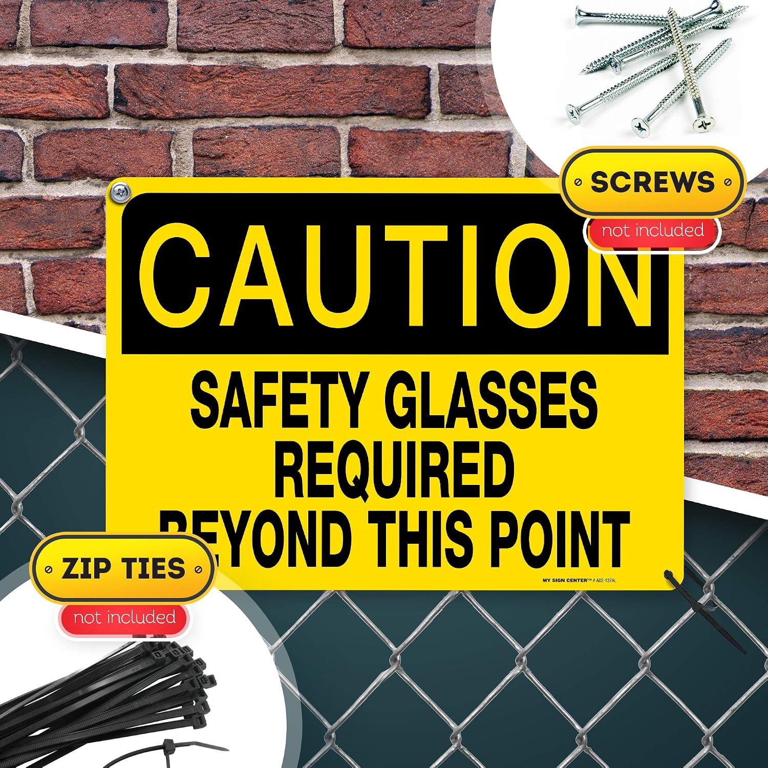 Caution Safety Glasses Required Beyond This Point Sign, 10″ x 14″ 0.40 Aluminum,