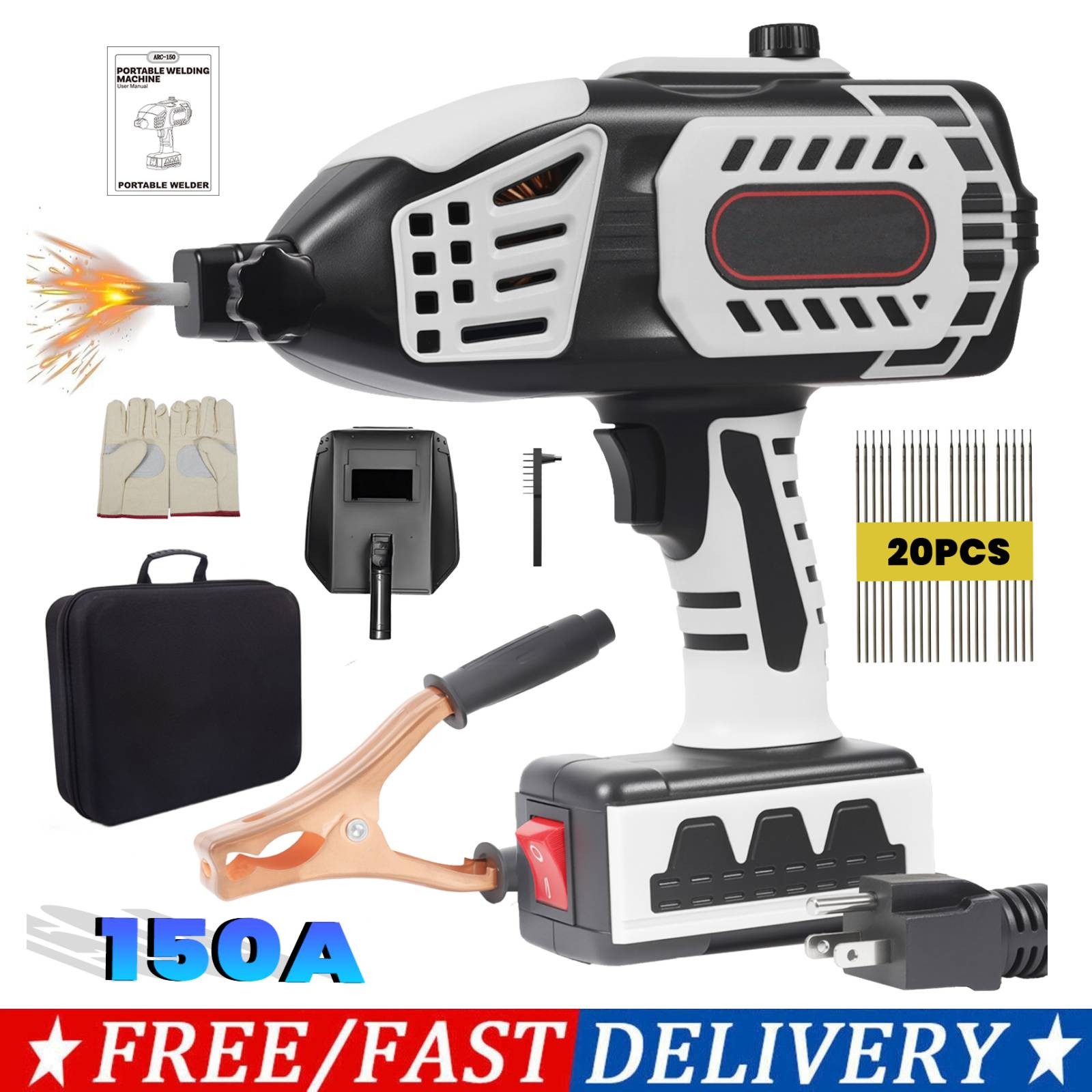 Handheld Welding Machine 110V 20-150Amp Portable ARC Welder Gun w/ 20x Rods Grey