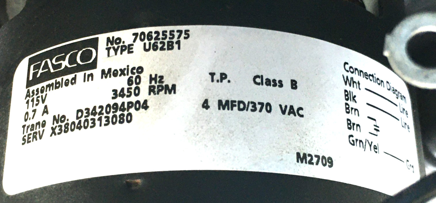 Fasco 70625575 Furnace Draft Inducer Motor D342094P04 115V 3450 RPM used #MR774