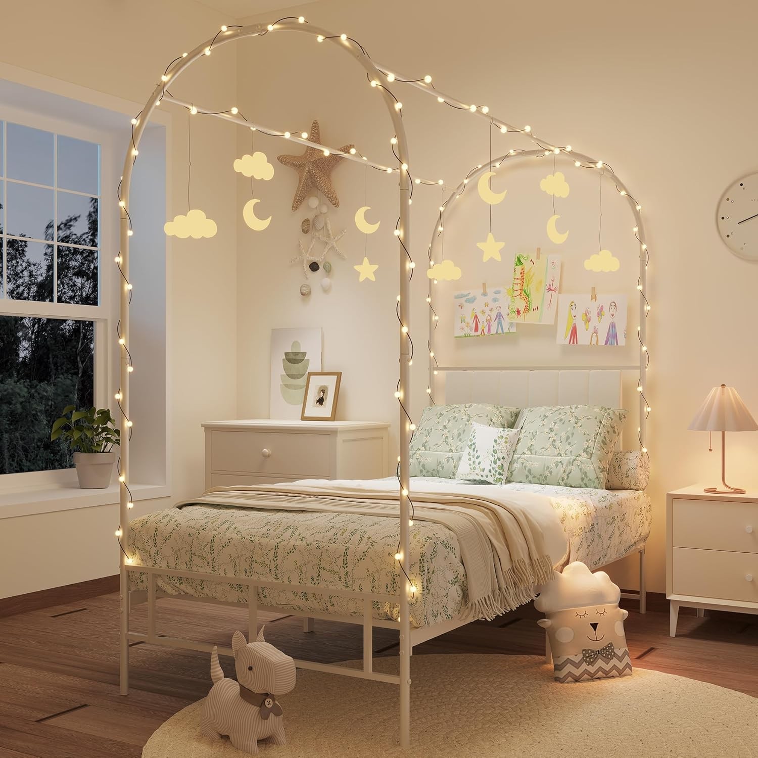 Kids Canopy Bed Frame with Headboard & Footboard, Upholstered Twin Bed Frames