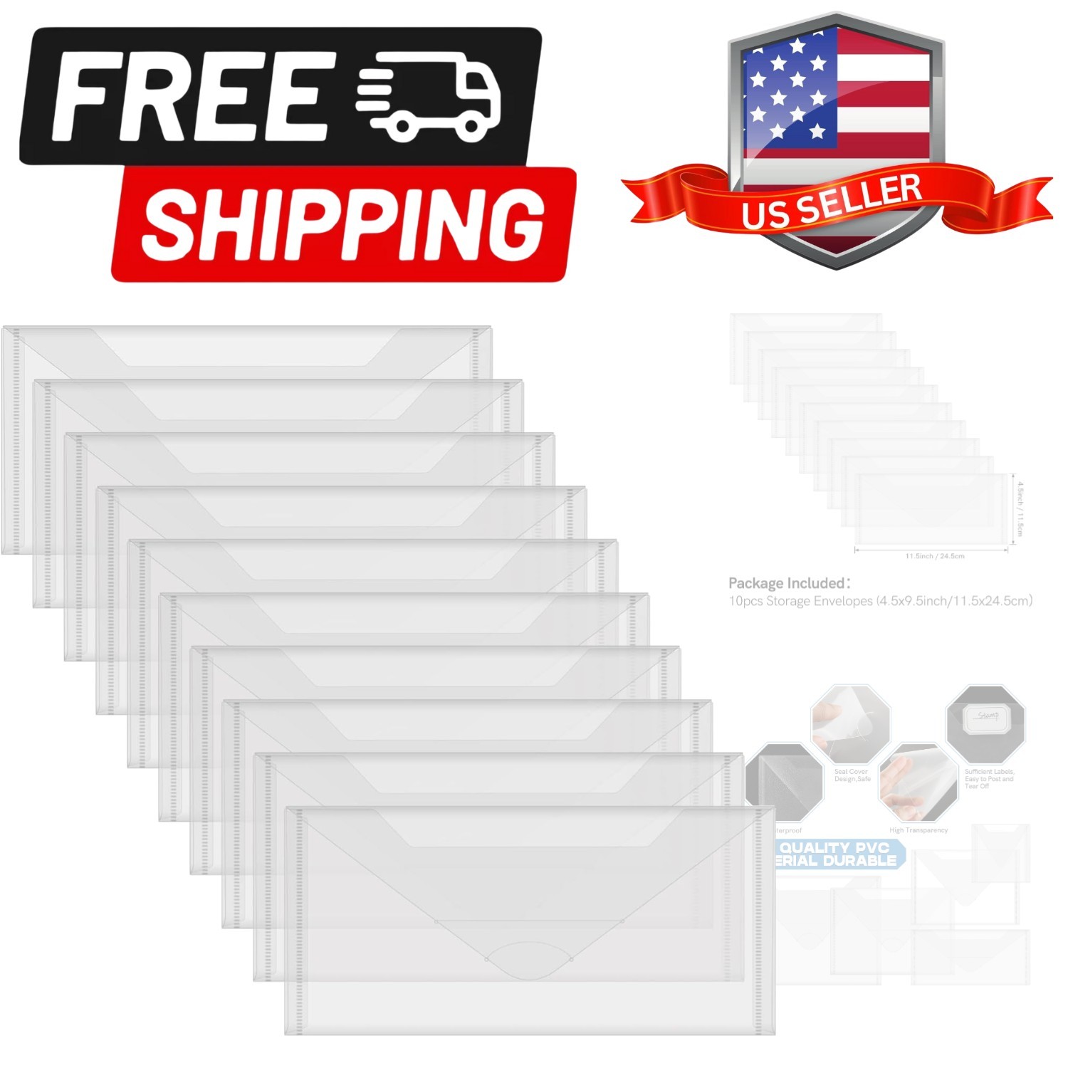 10 PCS 4.5”x9.5” Clear Storage Envelopes Pockets Resealable Plastic Bags fo…