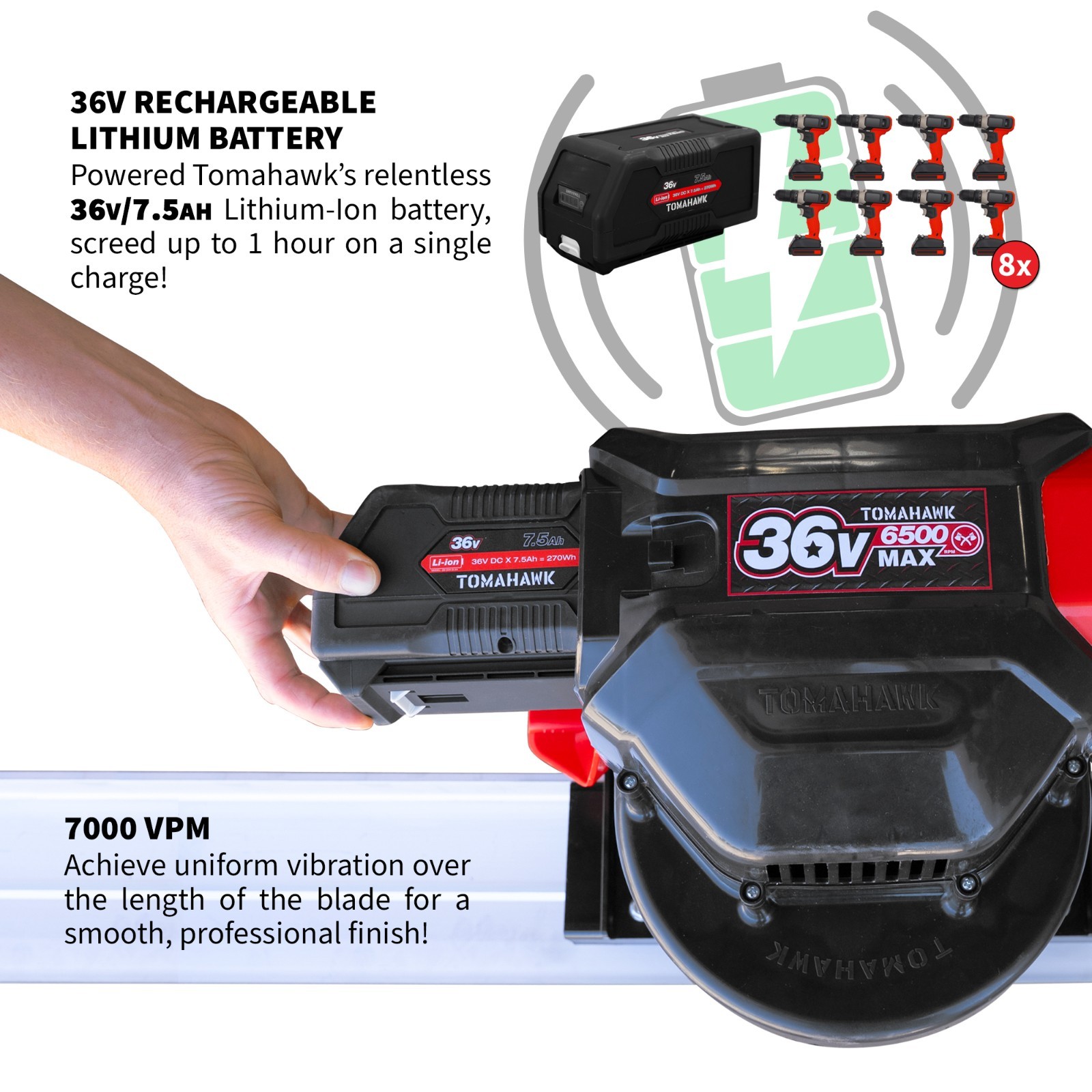 TOMAHAWK Power Screed Battery Powered 36V 5Ah Concrete Finishing Tool 14ft blade